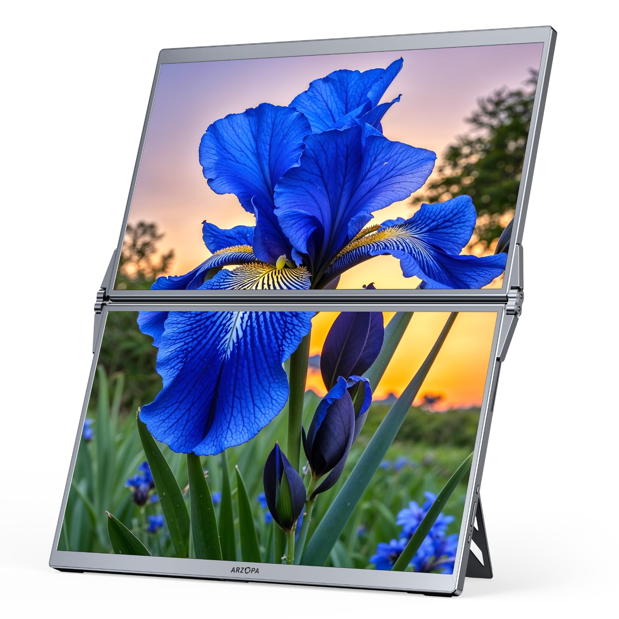 ARZOPA Monitor Portatile Doppio Schermo 15,6'' - FHD 1080P IPS 100% sRGB con Luce Blu Ridotta, Supporto Regolabile 315°, Plug & Play, Laptop Screen Extender per Mac/Phone/Switch/PS5/Xbox - E1