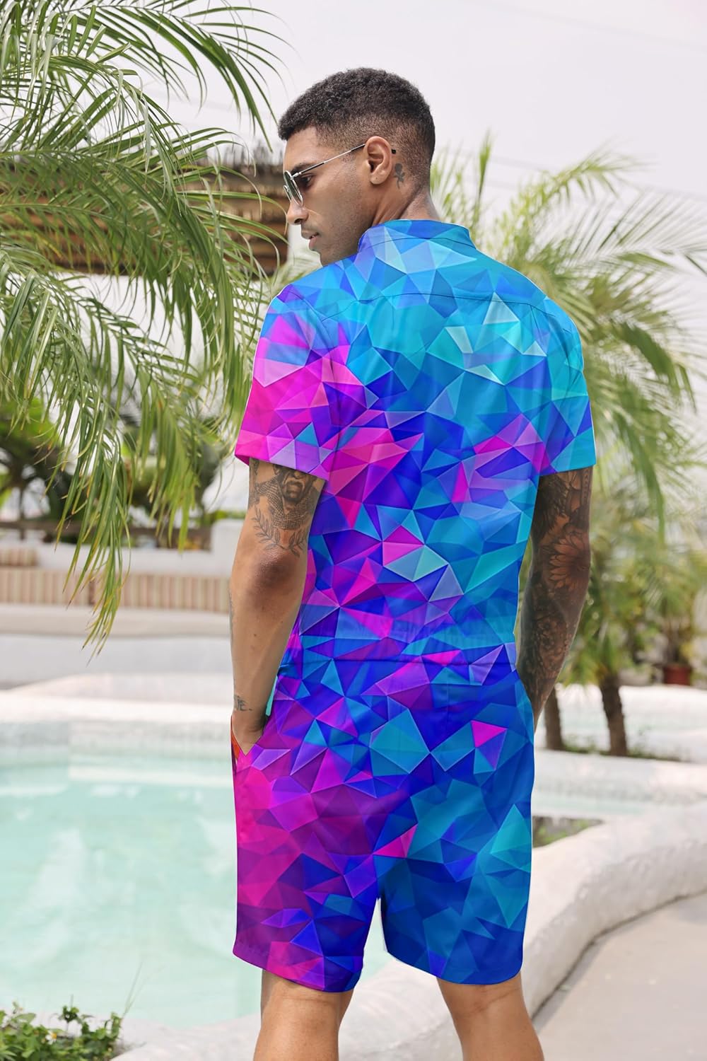 Goodstoworld Male Hawaiian Romper Fashion Zipper Slim Fit Jumpsuit with Pocket S-XXL