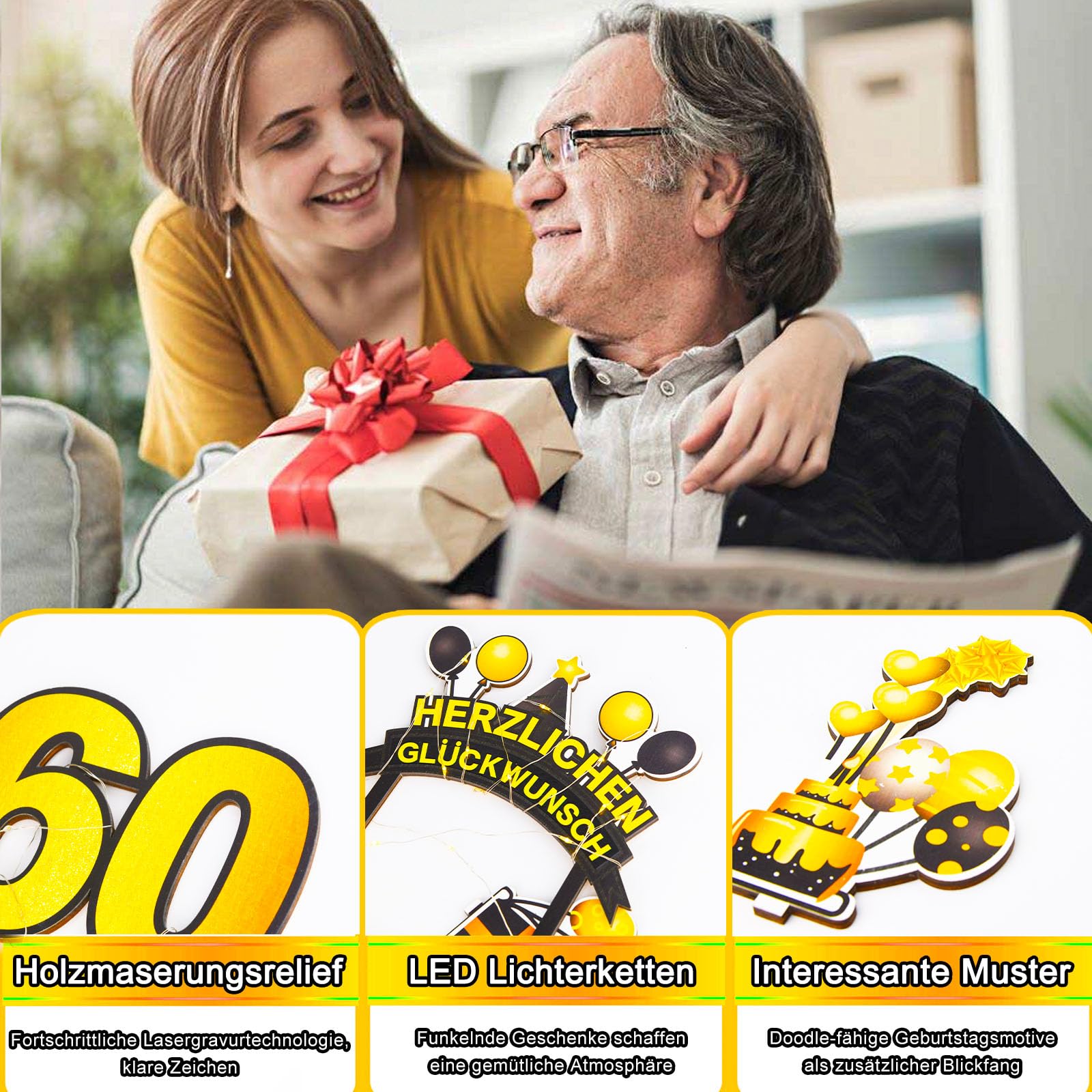 Cadre Anniversaire 60 Ans En Bois Avec Lumière LED - Plaque Personnalisable, Livre D'or - Cadeau Créatif Pour Femme Ou Homme