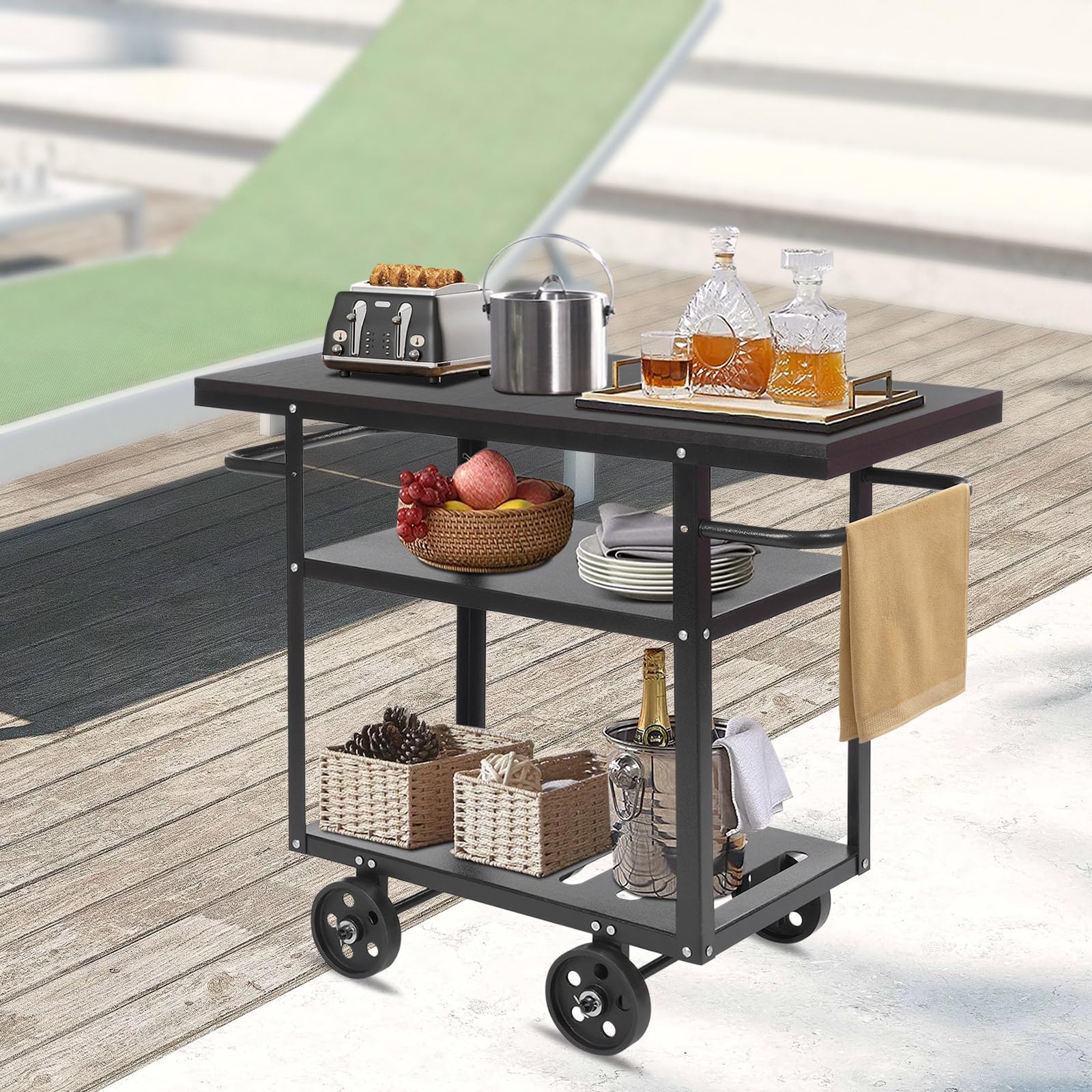 Mobil Catering Servierwagen mit Rollen, 3 Ebenen Küchenaufbewahrungswagen, Metall, Industrielle Servierwagen mit Handtücherhalter, Rollwagen Küche max. 60kg, Robust Beistellwagen, 92 x 40 x 77.5 cm