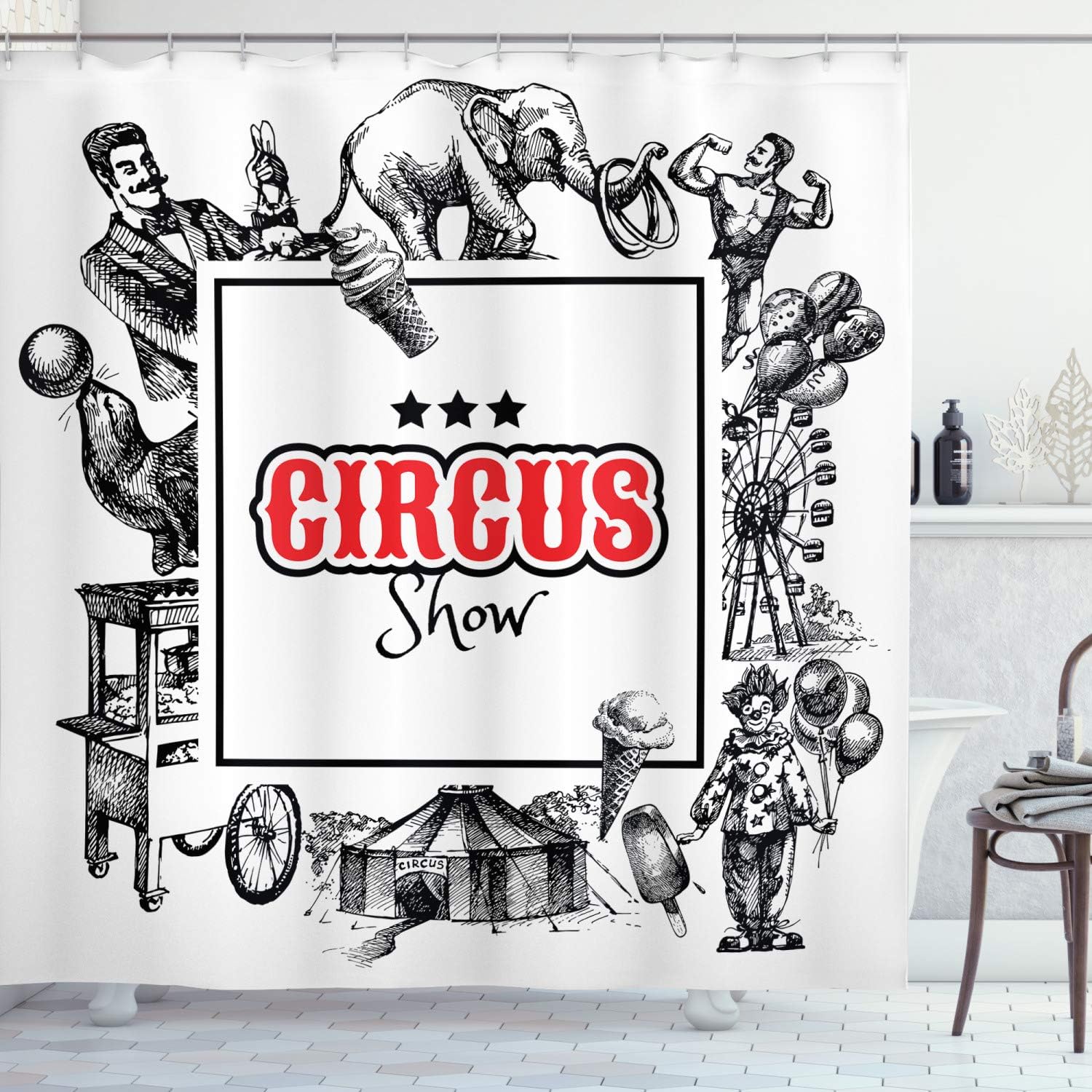 Ambesonne Vintage Shower Curtain, Circus Show Logo with Magician Creepy Tricks Performance Sketchy Art, Cloth Fabric Bathroom Decor Set with Hooks, 69" W x 84" L, Orange Black