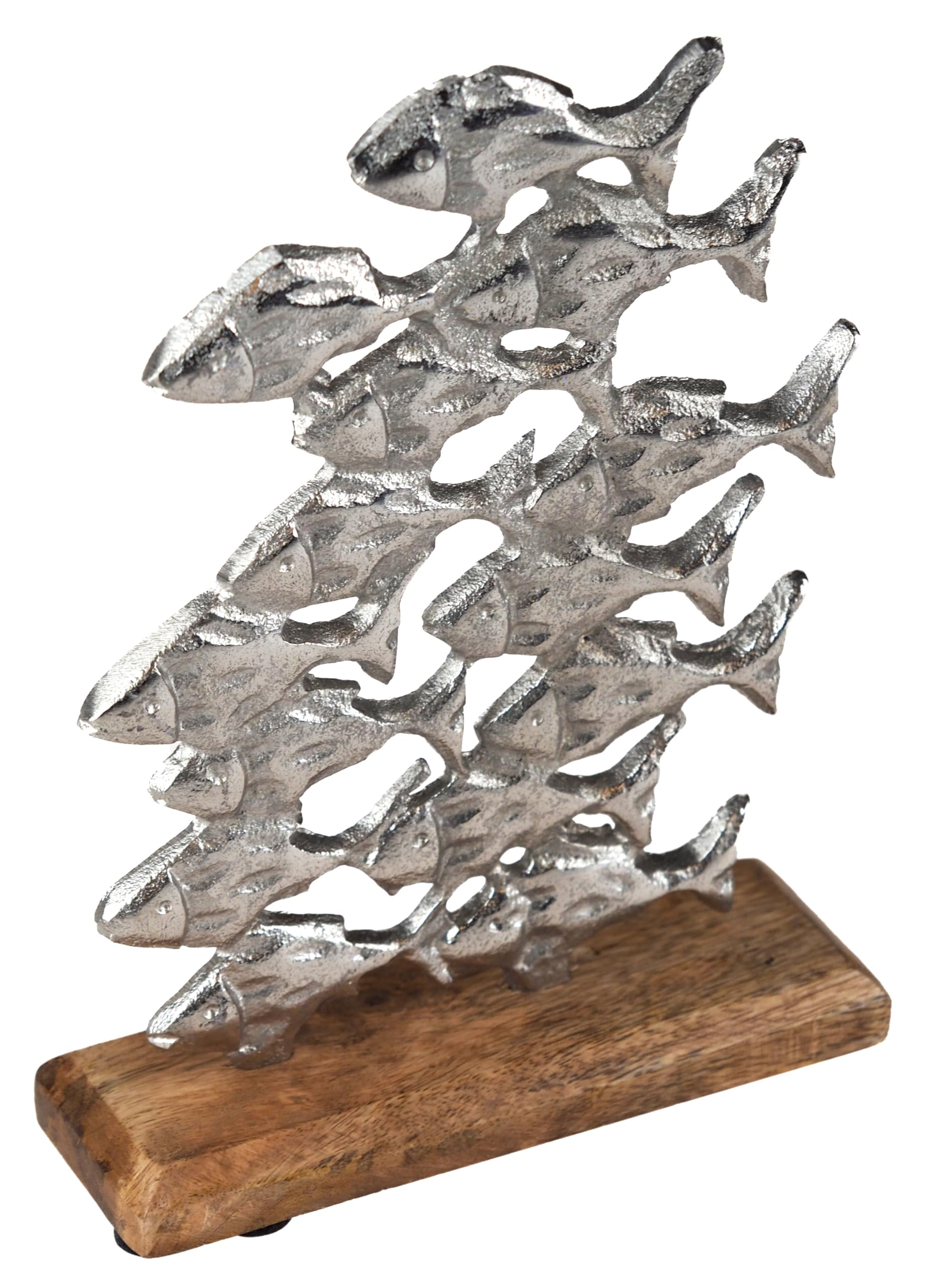Sil Interiors Silver Fish Swimming Shoal Ornament Sculpture On Wooden Base - Free Standing 21Cm