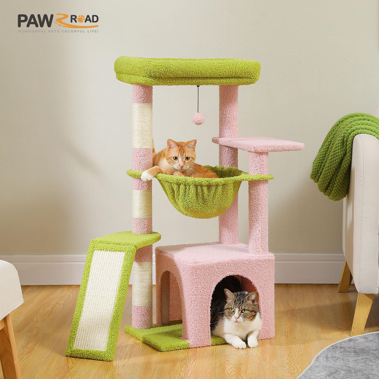 PAWZ Road Kaktus-Katzenbaum für Hauskatzen mit super großer Höhle, 1 Sisalbrett, 3 Kratzstämme, mit großer Hängematte und Sitzstange, 90 cm, Rosa