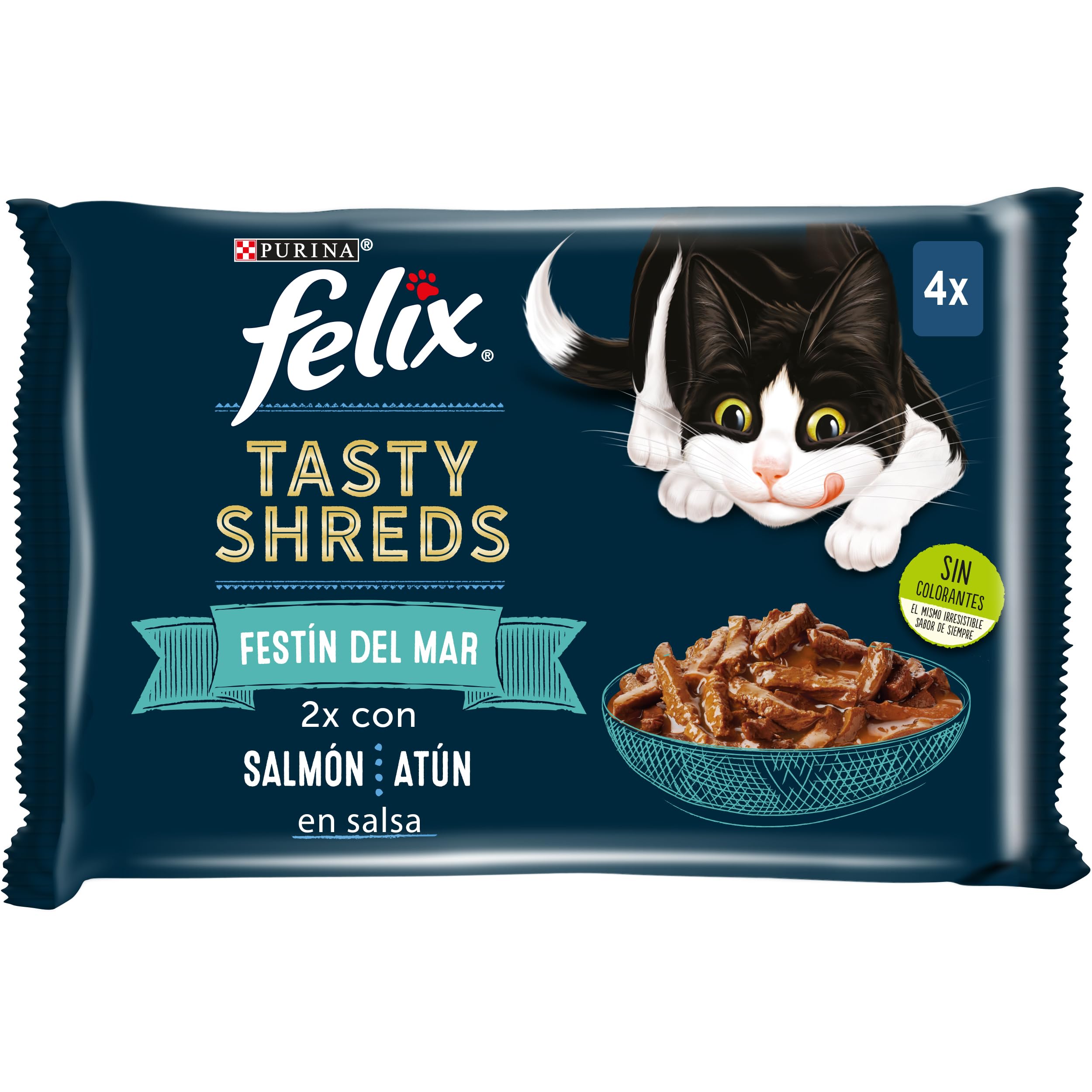 Purina Felix Tasty Shreds Comida Húmeda para Gato en Salsa Pack surtido Pescados, 12 paquetes de 4 sobres de 80g - 48 sobres