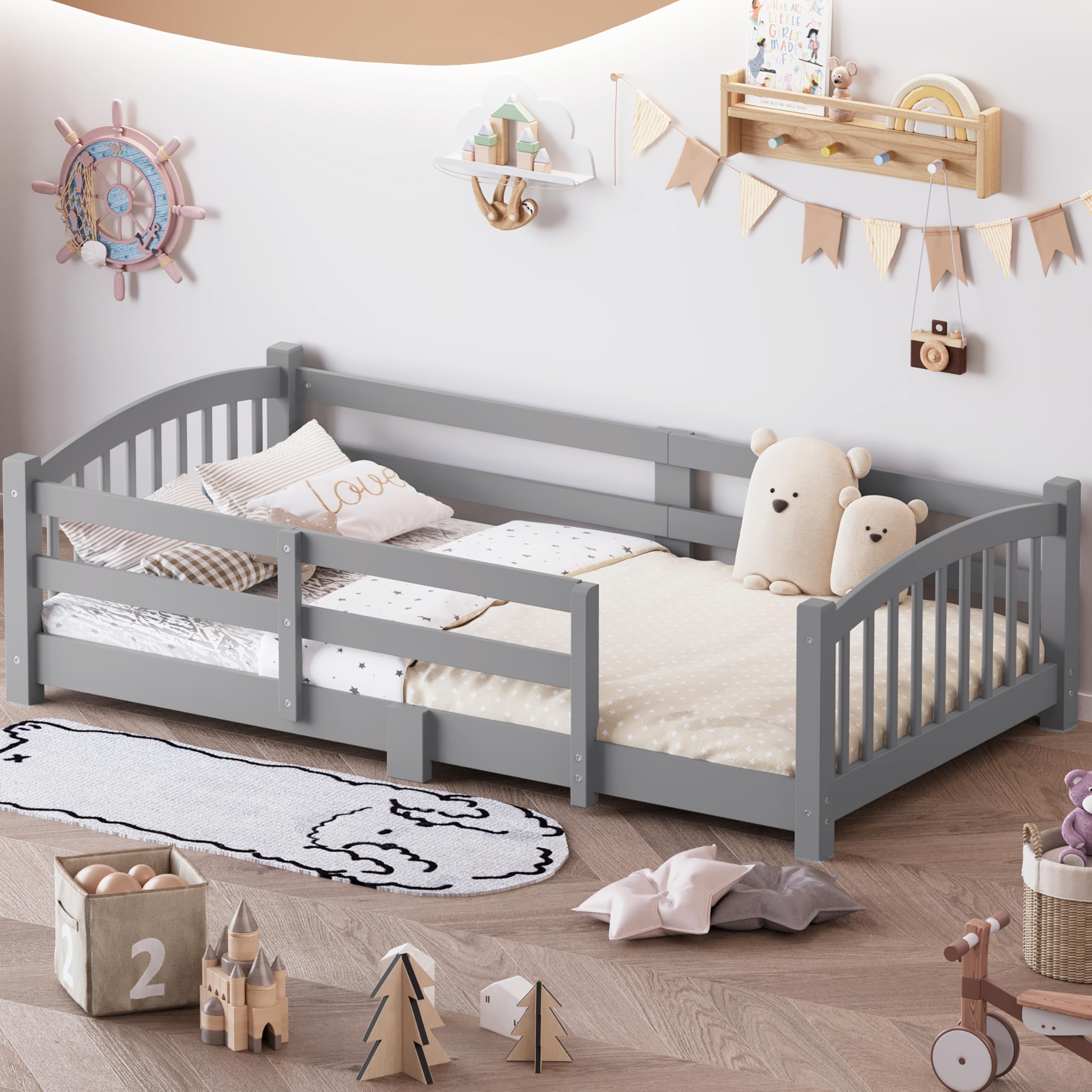 Bellemave Twin Size Kids Montessori Floor Bed,Twin Size Floor Bed Frame with Slats and Safety Guardrail,Solid Wood Montessori Bed for Girls Boys,Gray