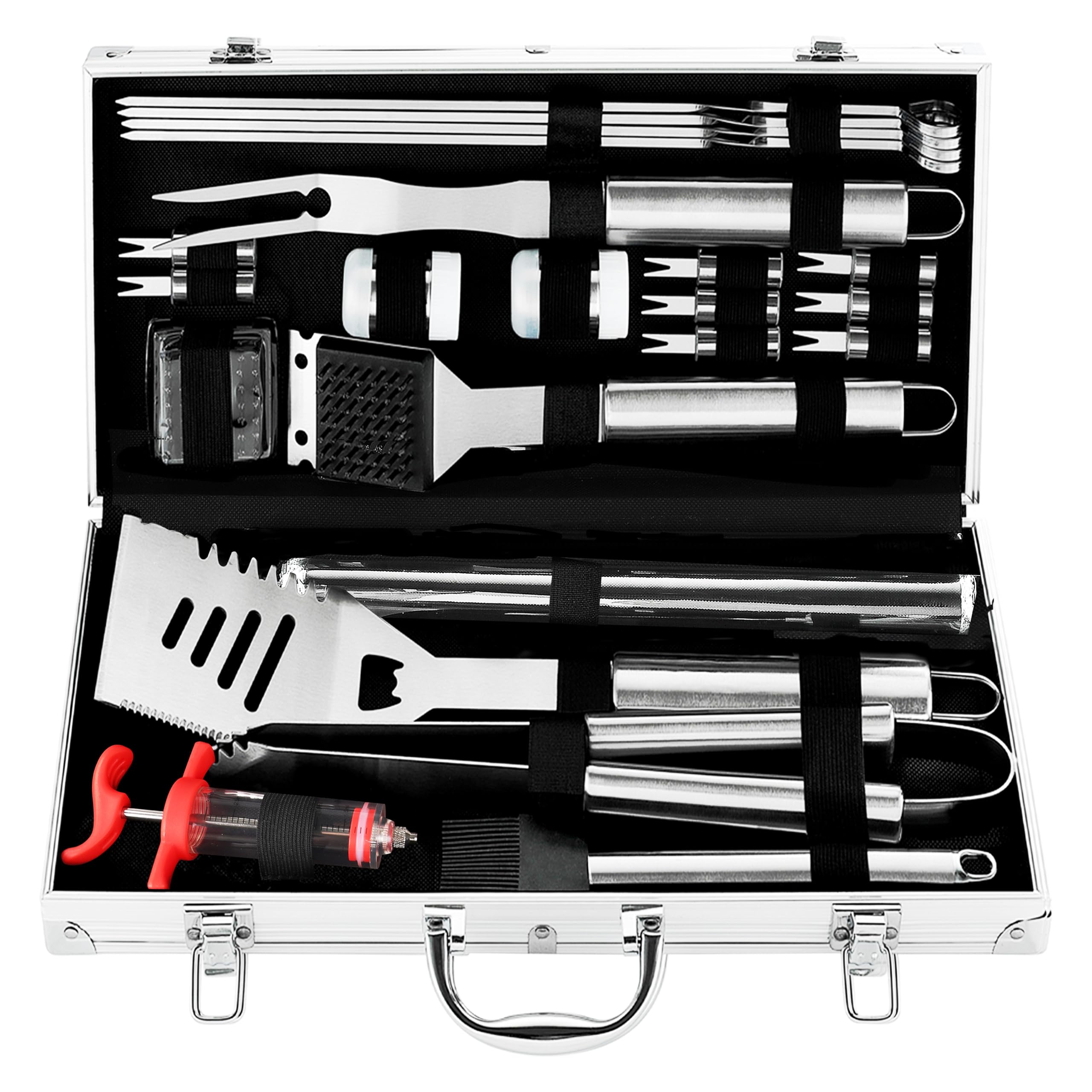 grilljoy 24PCS Stainless Steel BBQ Tool Set with Aluminum Case – Ideal Outdoor Grill Tool Set Gift for Men Dad Husband – Father’s Day Birthday – Heavy Duty BBQ Cooking Accessories Kit