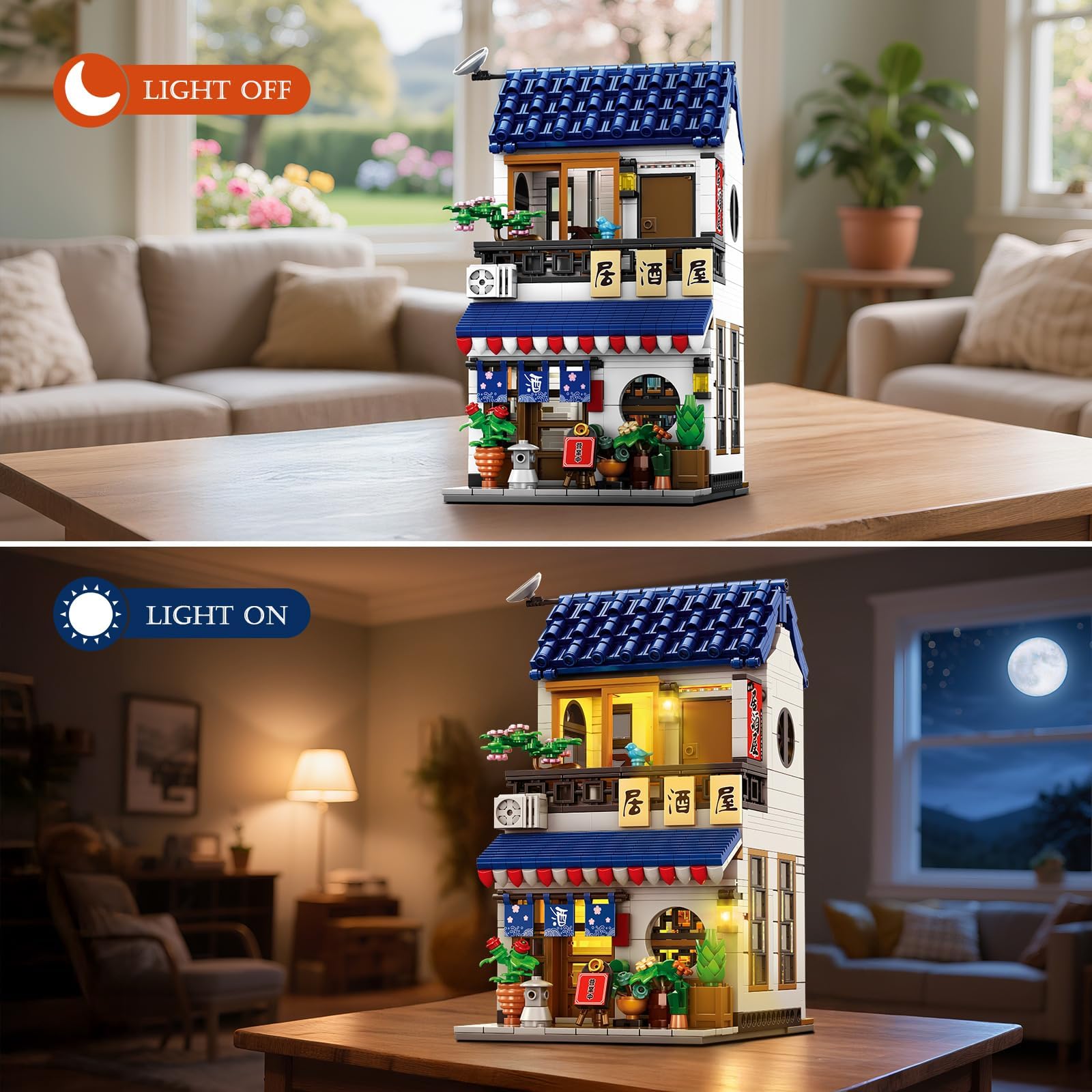 Reobrix 66502 Japanische Izakaya-Bausteine, 2-in-1-Straßenszenenmodell mit Lichtern, Exquisite architektonische Dekoration, ideales kreatives Geschenk für Erwachsene und Kinder über 14 Jahre