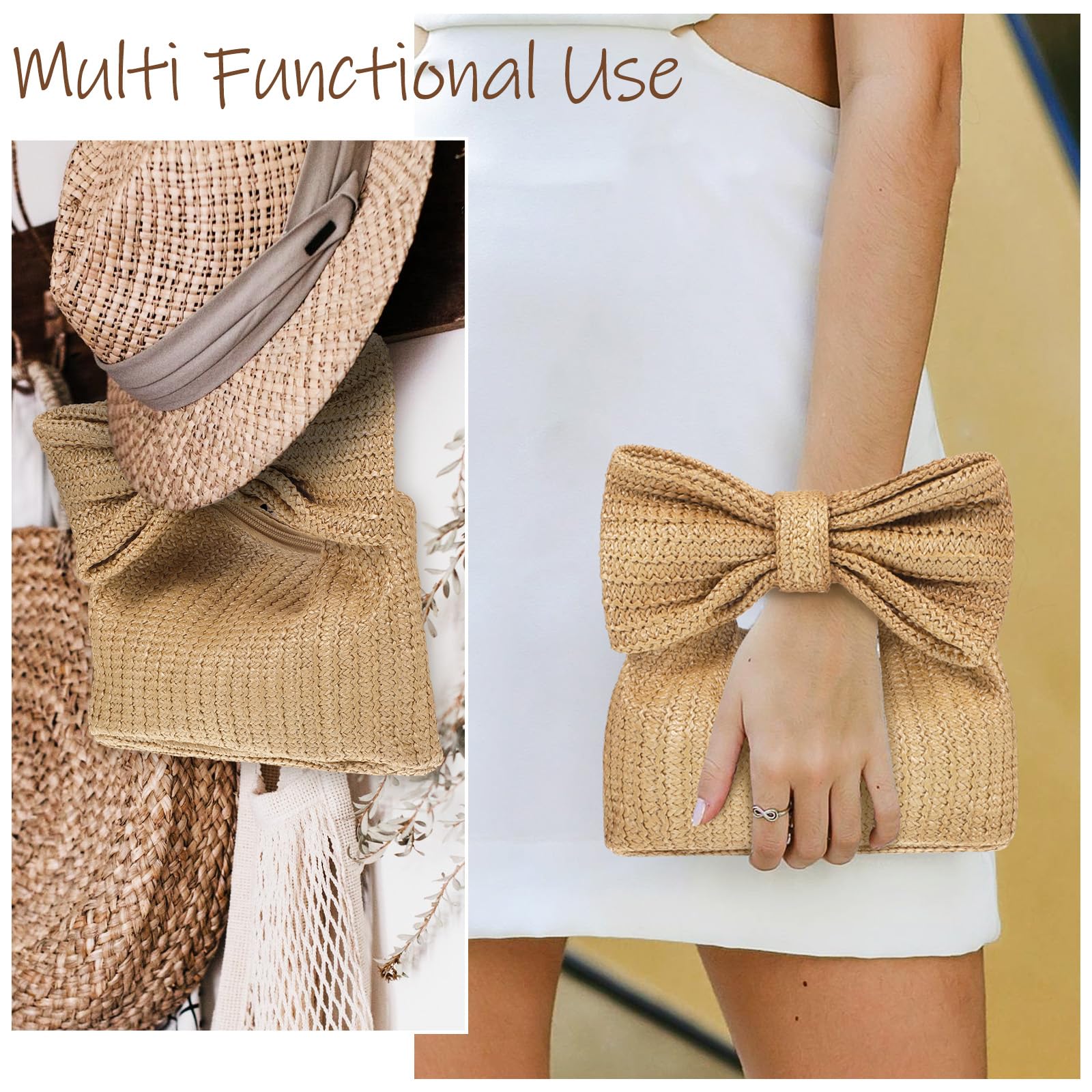 VALICLUD Straw Bag For Women Straw Clutch Straw Purse Bow Straw Clutch Purse Women Handbag Summer Beach Bag