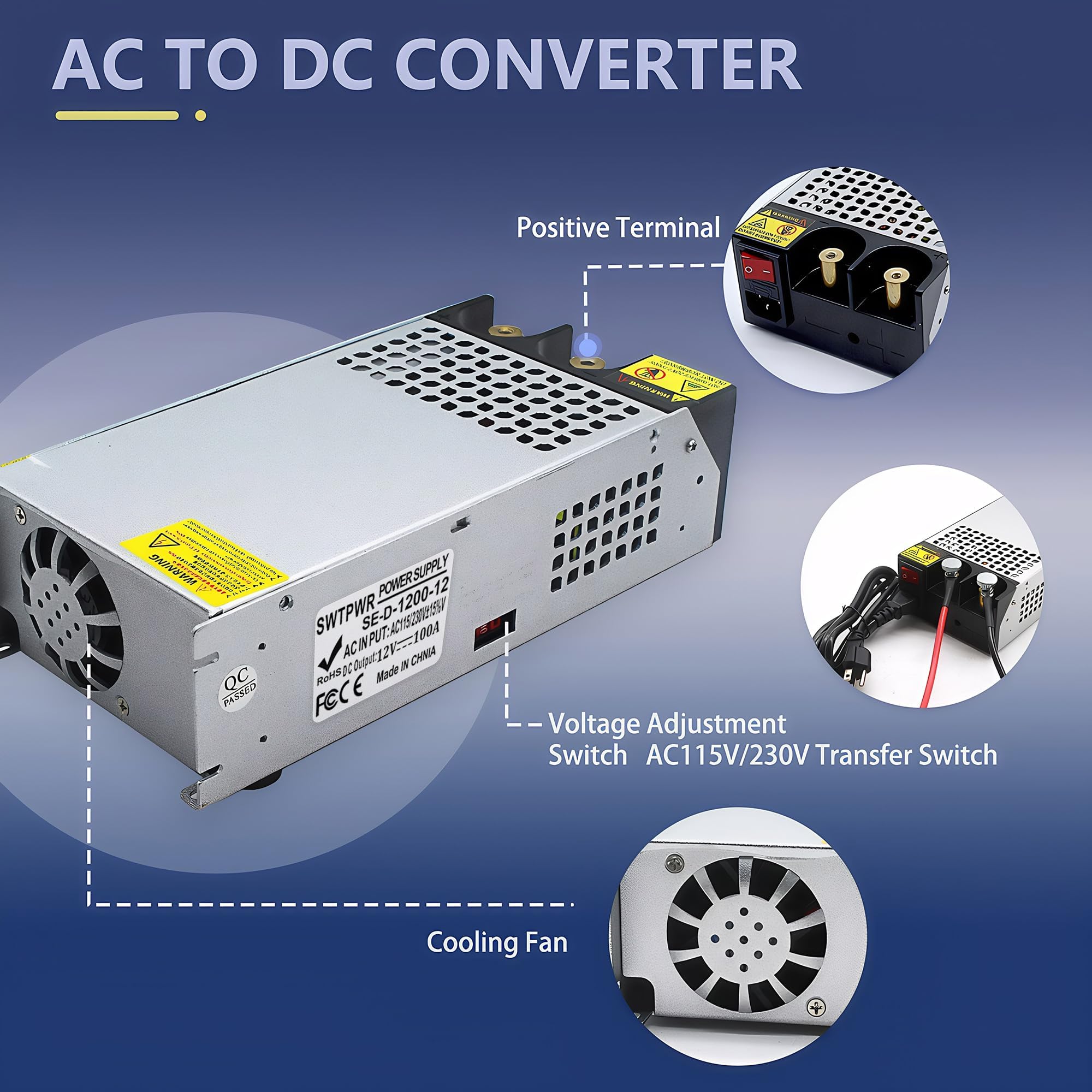 DC 12V 100A 1200W Alimentatore Trasformatore 230V AC a DC 12 Volt Interruttore per Pompa LED CCTV Sicurezza Auto Stereo Stampante 3D e altri 12V Dispositivi