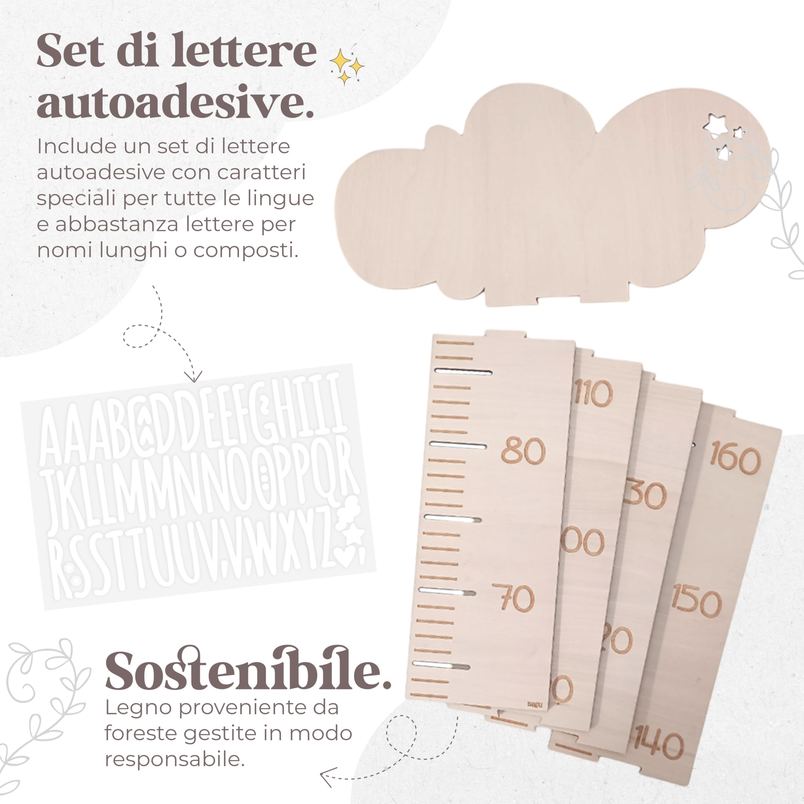 Nagu Metro Bambini da Parete Legno Misuratore Altezza 63-162 cm Personalizzato