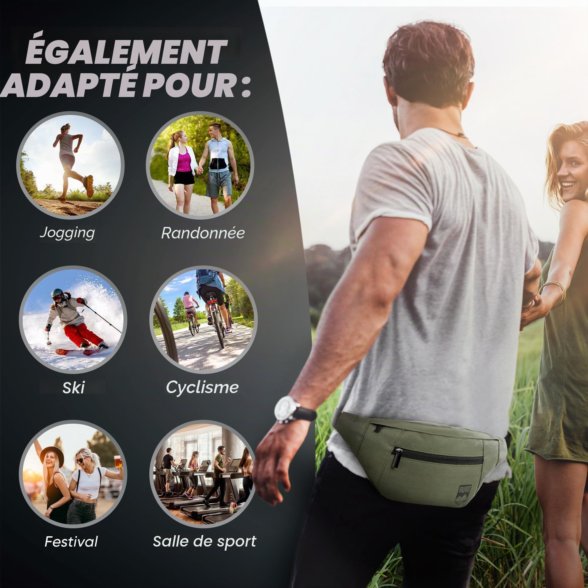 RUVO® sac banane élégant - 4 compartiments, fermeture éclair - rangement maximal pour toutes les activités, Olive, taille unique