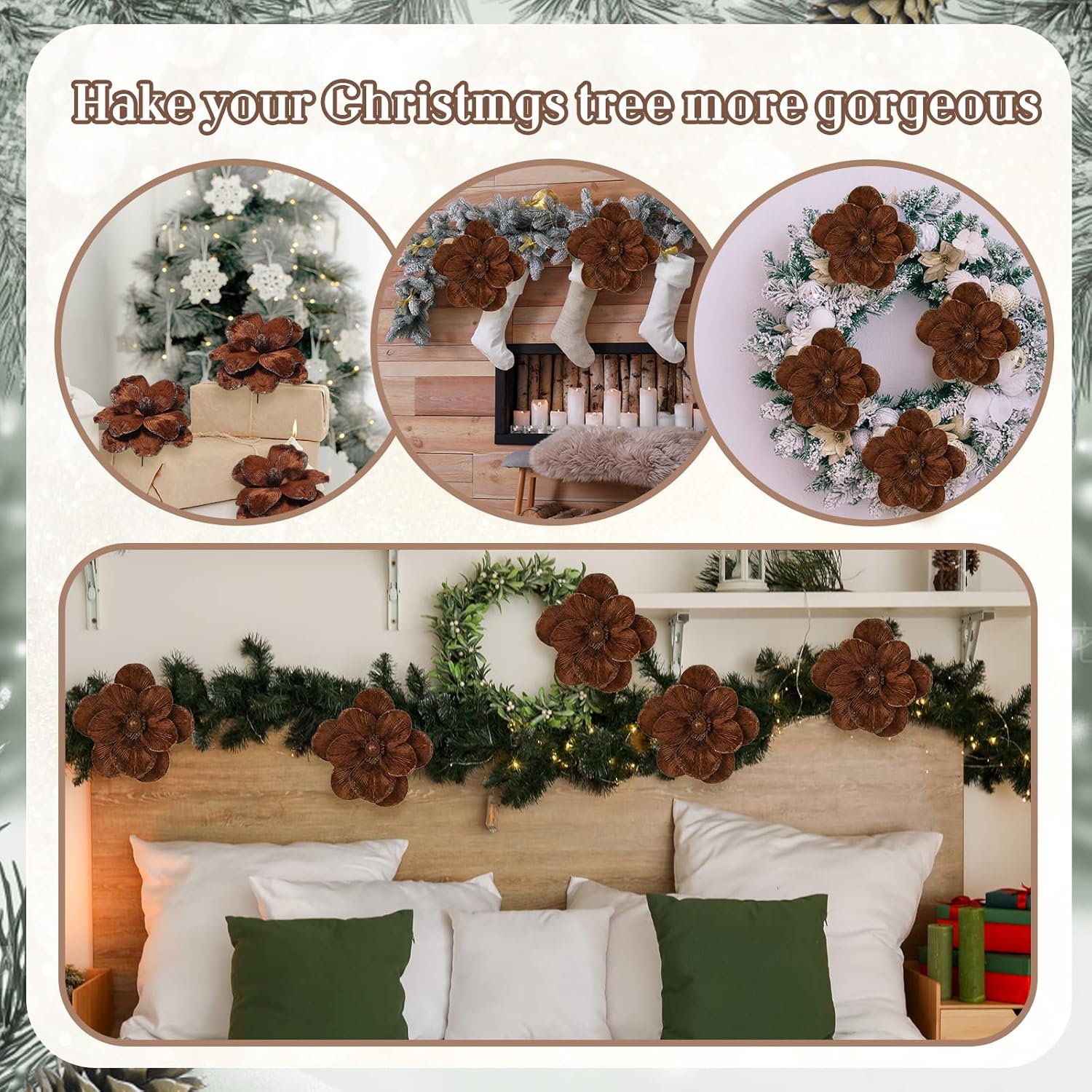 12 Pcs Large Velvet Christmas Poinsettia Magnolia Flowers Ornaments Glitter Big Heads Artificial Magnolia Flowers for Decoration Wedding Decor Supplies(Brown)