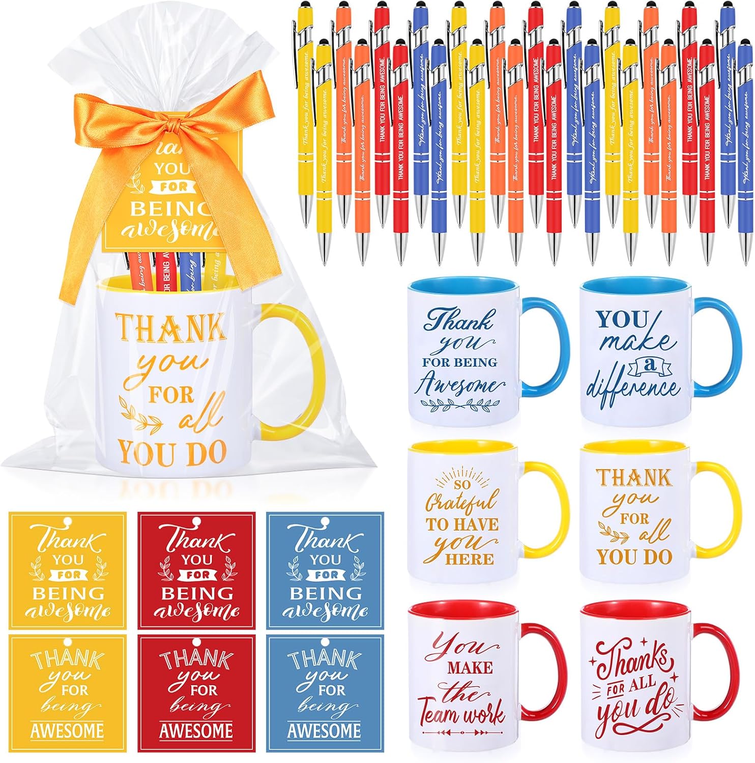 Baderke 6 Set Employee Appreciation Gifts Include Thank You Staff Mug Gift Set 12 oz Appreciation Mugs Inspirational Pens Tags for Employee Staff Team Group (Blue Green Brown,Classic)