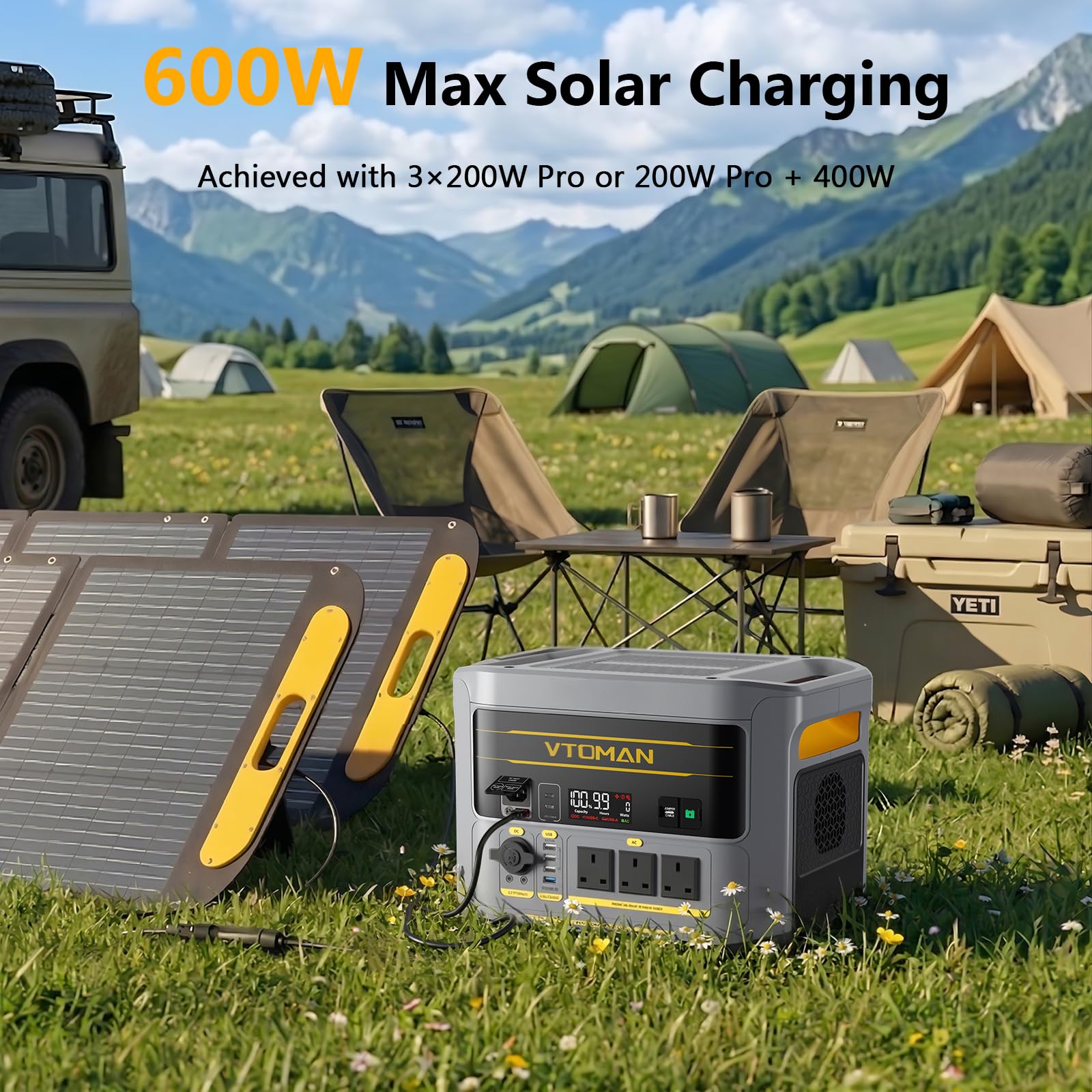 VTOMAN FlashSpeed 2400 Power Station with 400W Solar Panel, 2400W/1408Wh LiFePO4 Battery, Expandable up to 2688Wh, 600W Solar Input, 1 Hr AC Fast Charge, Solar Generator for Camping, Home, Travel — view 4