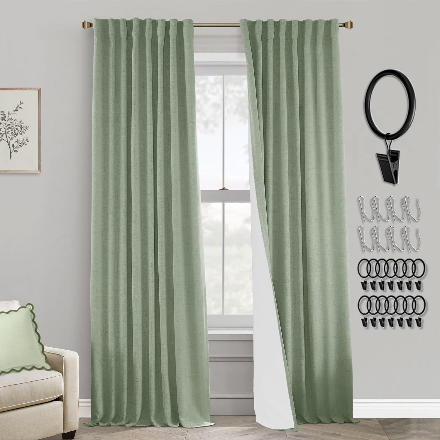 Light Sage Green Blackout Curtains for Bedroom Aesthetic 84