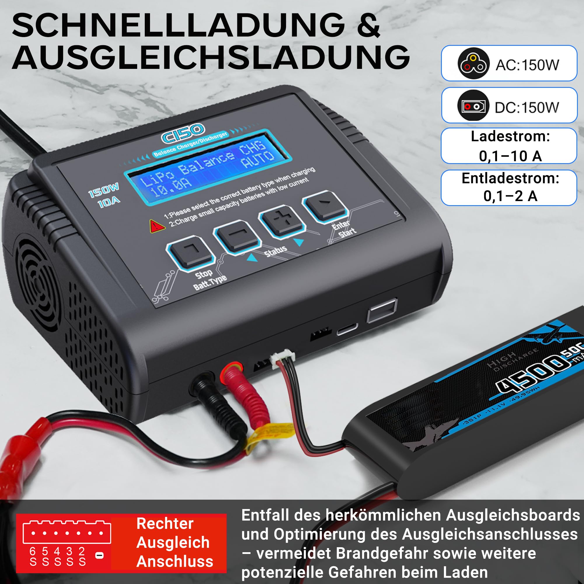HTRC C150 LiPo Ladegerät 150W 10A RC Akku Ladegerät Balancer für LiHV/LiPo/Li-Ion/Life 1-6S, NiMH/NiCd 1-15S, PB 2-20V, AC/DC, LCD, 20 Speicherplätze