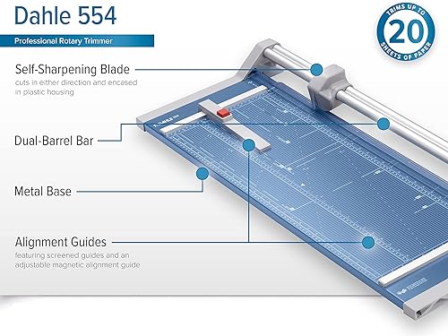 Miniatura 6 de Dahle Cortadora rotativa profesional 554, longitud de corte de 28 pulgadas, capacidad de 20 hojas, autoafilado, barra guía doble, abrazadera