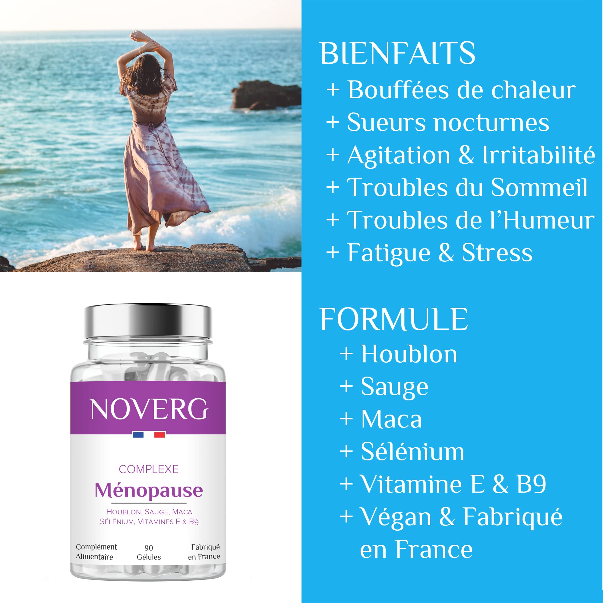 Ménopause | Bouffées de chaleur, Transpiration, Agitation et Irritabilité | Houblon, Sauge, Maca, Sélénium, Vitamines E & B9 | Vegan | 90 Gélules | Fabriqué en France