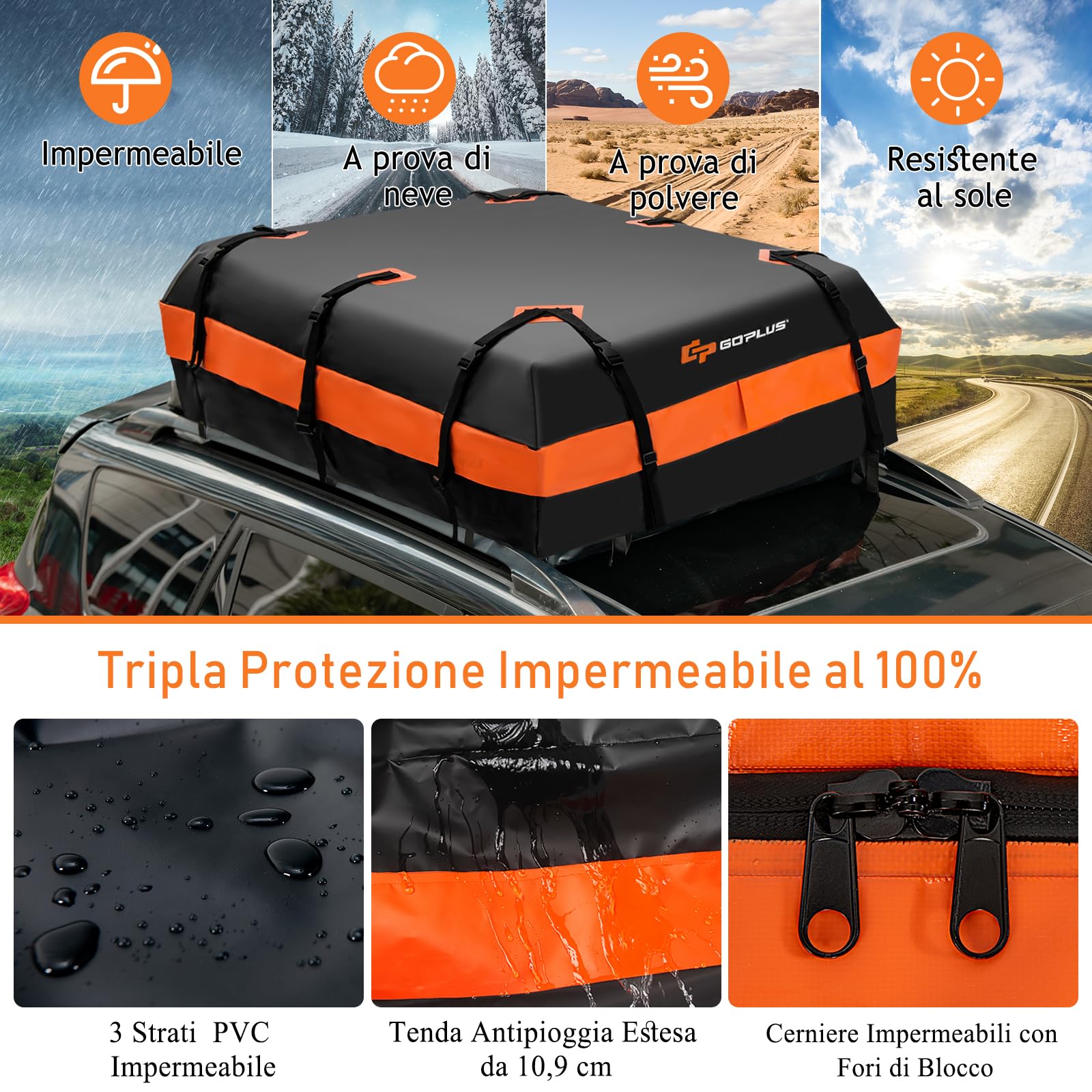 GYMAX 600L Borsa da Tetto per Auto, Design Impermeabile con 10 Cinghie Rinforzate, 6 Ganci per Porta, Tappetino Antiscivolo e Borsa di Stoccaggio, 132 x 100 x 43 cm