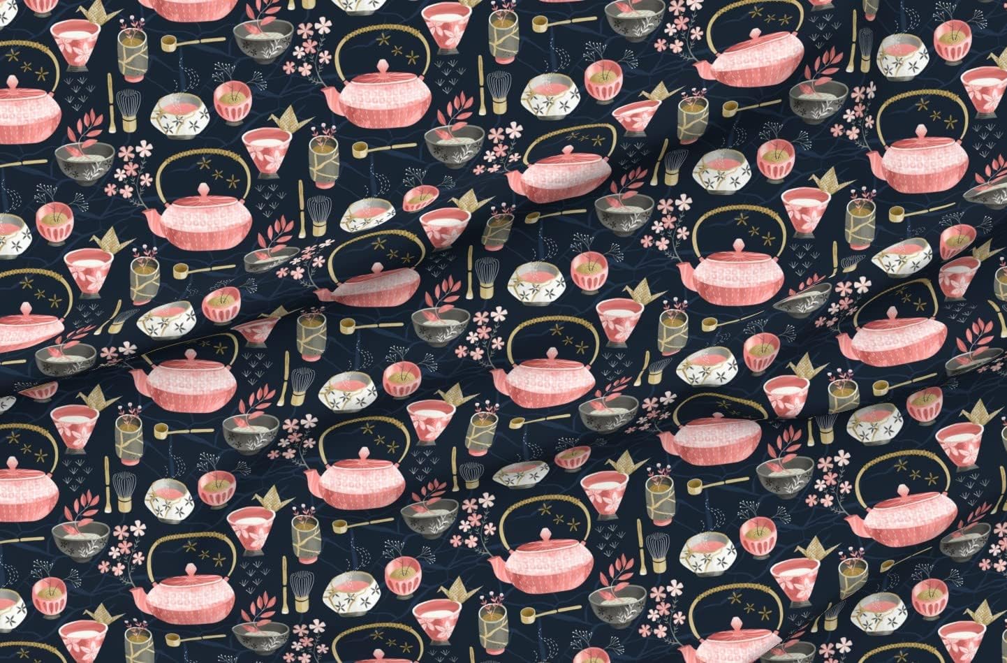 Spoonflower Fabric - Japan Japanese Tea Cup Kitchen Dream Origami Teapot Kettle Chawan Printed on Organic Cotton Sateen Fabric by The Yard - Sewing Quilting Apparel Home Decor