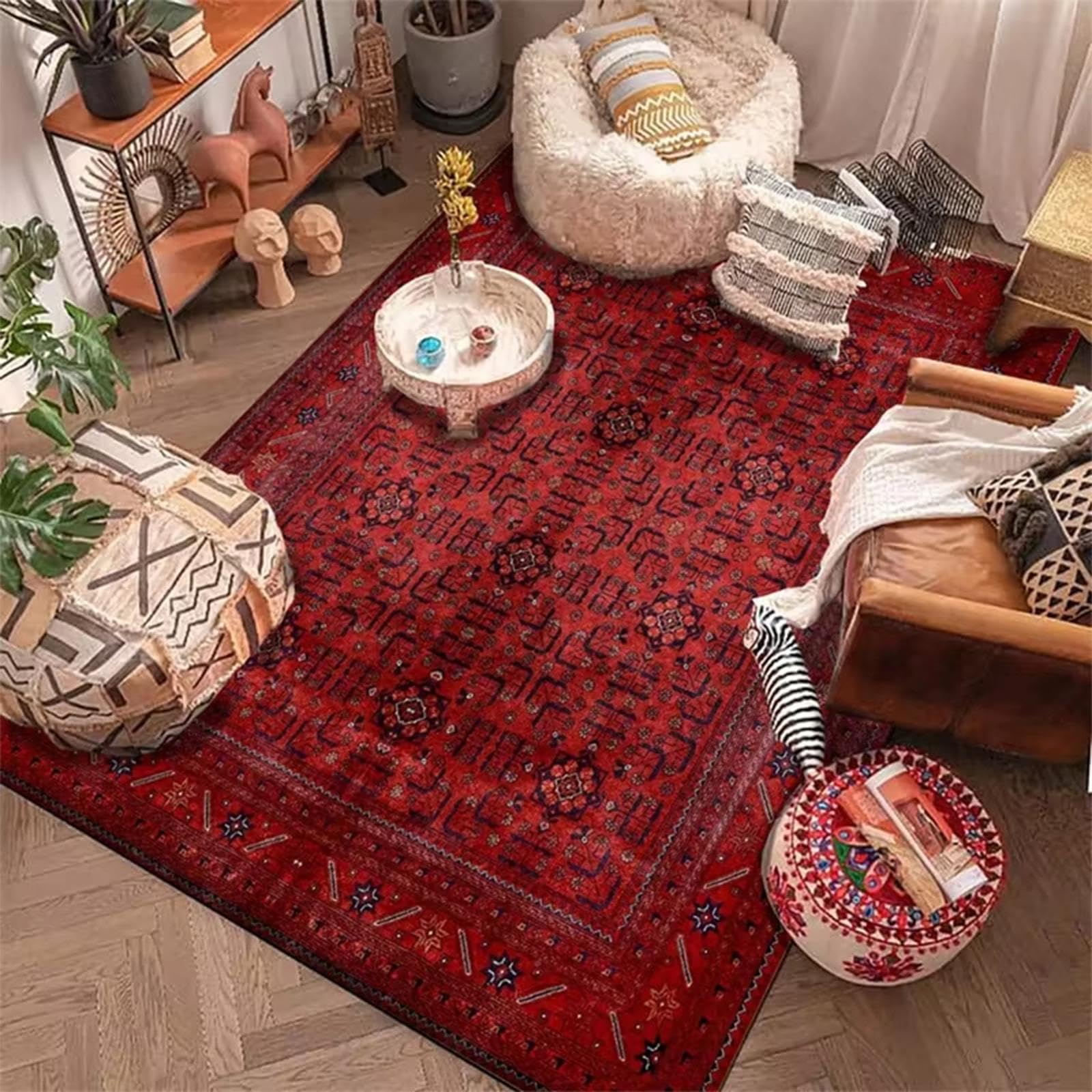 Maschinenwaschbarer Teppich mit Rutschfester Unterseite 60 x 90 cm, Multi Red Vintage Orientalischer Boho-Teppich, Persische Tribal-Textur für Küche, Schlafzimmer, Esszimmer, Wohnzimmer