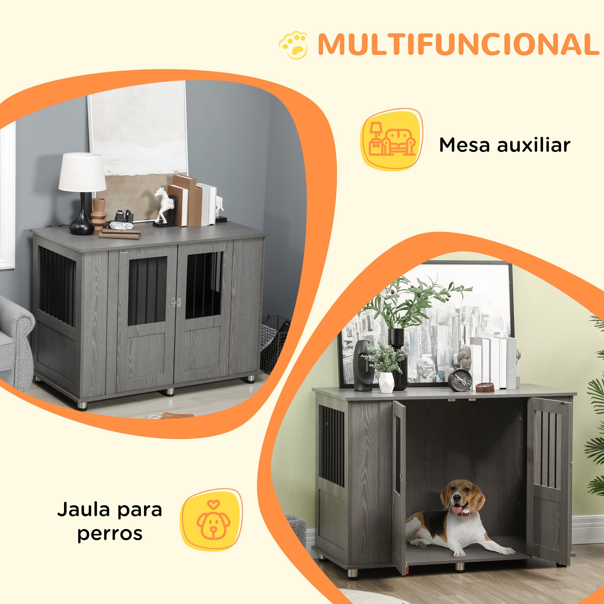 PawHut Jaula para Perros Grandes Desmontable 2 en 1 Mesa Auxiliar con 2 Puertas con Pestillo 4 Ventanas y Patas Ajustables 114x60x82 cm Gris