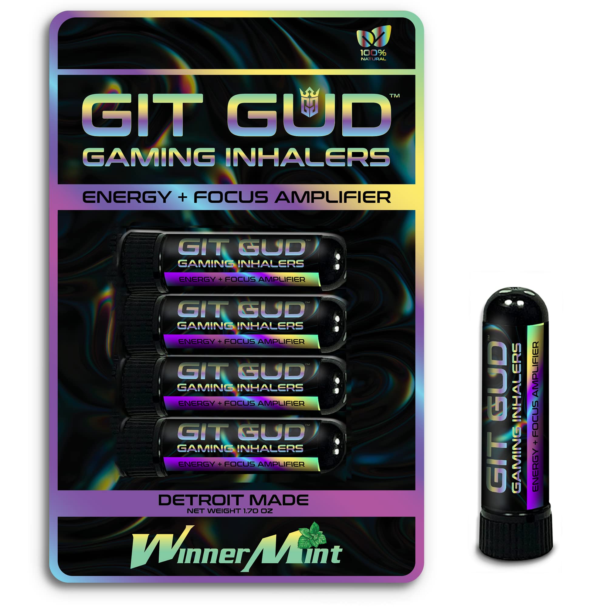 GIT GUD Gaming Vapor Inhaler | Energy + Focus Amplifier for Esports Athlete Gamer | Stimulating Aromatherapy Scent | Portable Pre Workout Performance Disposable | WinnerMint (4 Pack) - 