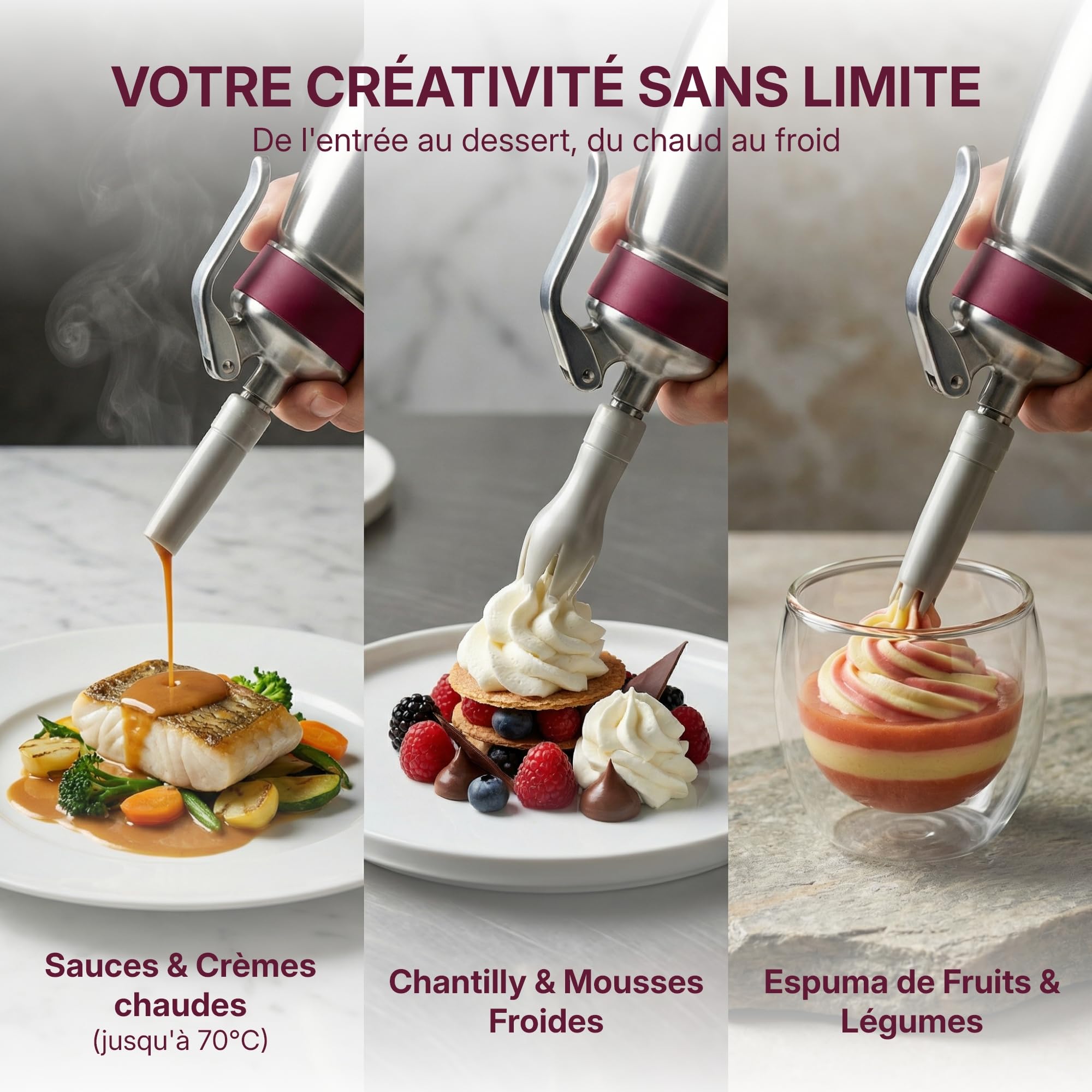 Gobel - Siphon chantilly professionnel cuve et tête inox 0,5L - NF D21-901 | Chantilly, sauces, espumas, chaud ou froid jusqu'à 70°C ; certifié NF D21-901 et TÜV ; 3 douilles et brosse incluses