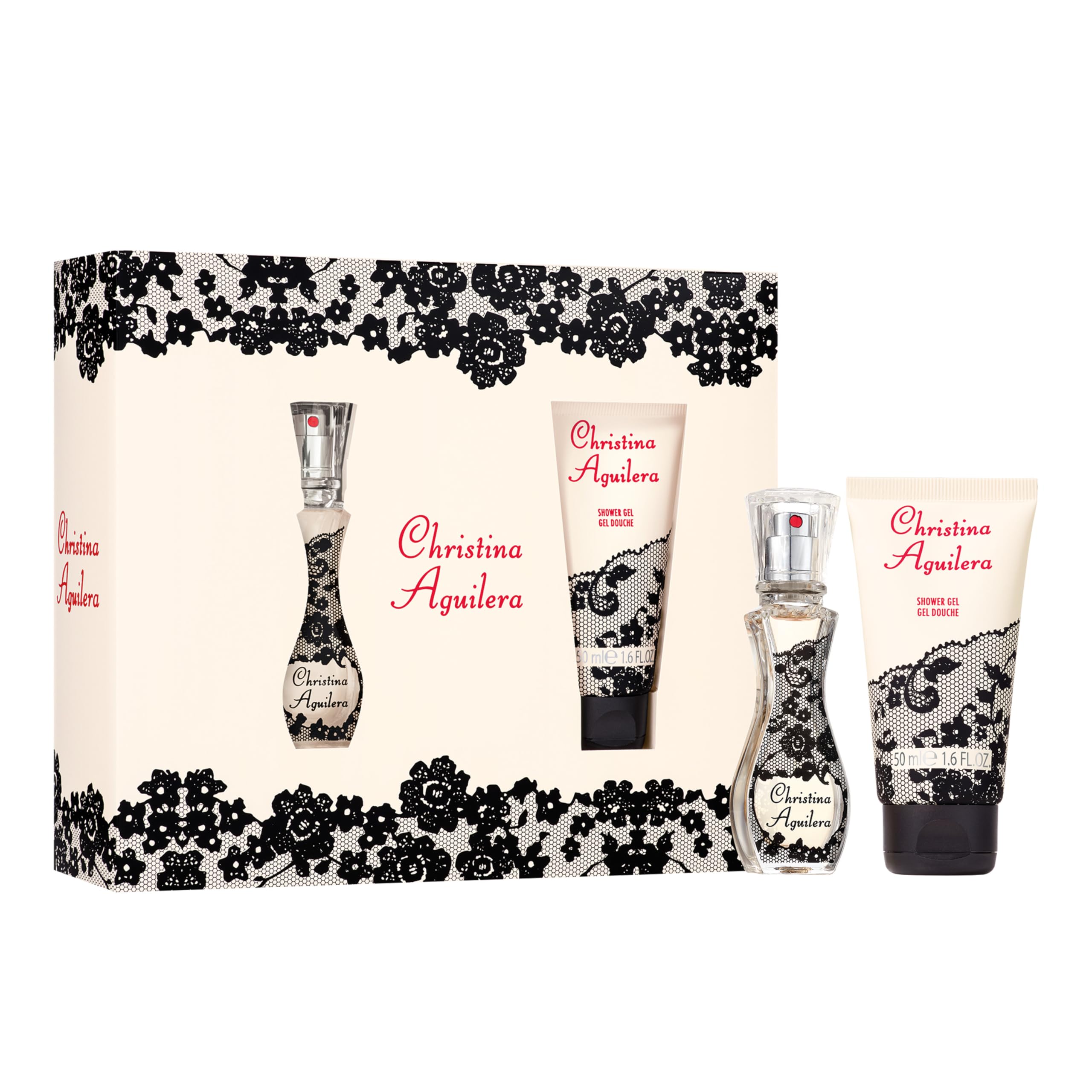 Christina Aguilera – Signature Geschenkset 2-teilig; floraler Amber-Duft; schwarzer Johannisbeertee, Pfingstrosen & Amber; exotisches glamouröses 150 ml Duschgel + 30 ml Eau de Parfum für Damen