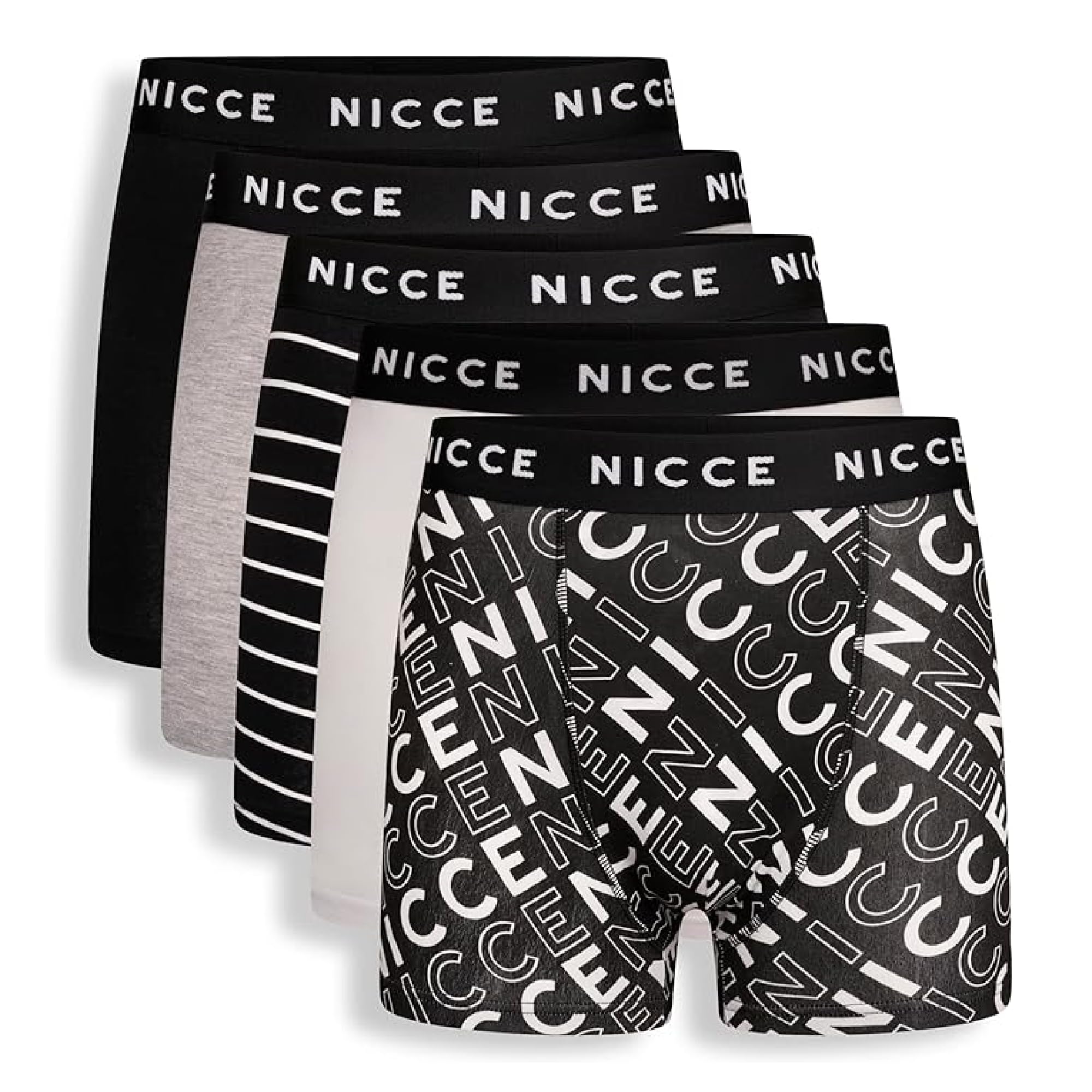Nicce Men's Talox / Assorted Boxers, Colours - Black, ​Grey Marl, ​Stripes, White, Black, Elasticated Logo Waistband, 5 Pack, Premium Cotton Blend, Classic Fit, Comfortable Underwear, Small