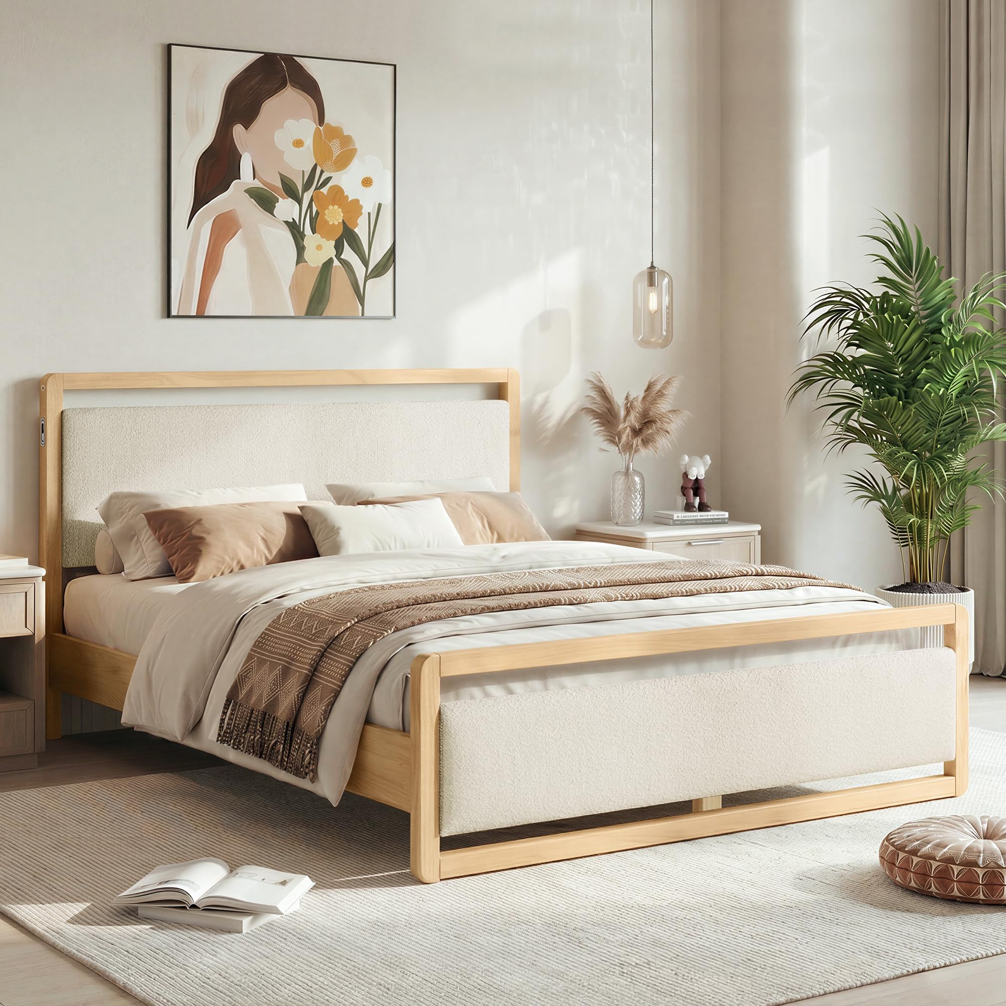 Photo 1 of KISLOT Queen Wood Platform Bed Frame with Boucle Upholstered Headboard, Mid-Century Modern Bed with USB Charging Station, Solid Wood Slat Support, Noise-Free, No Box Spring Needed, Natural