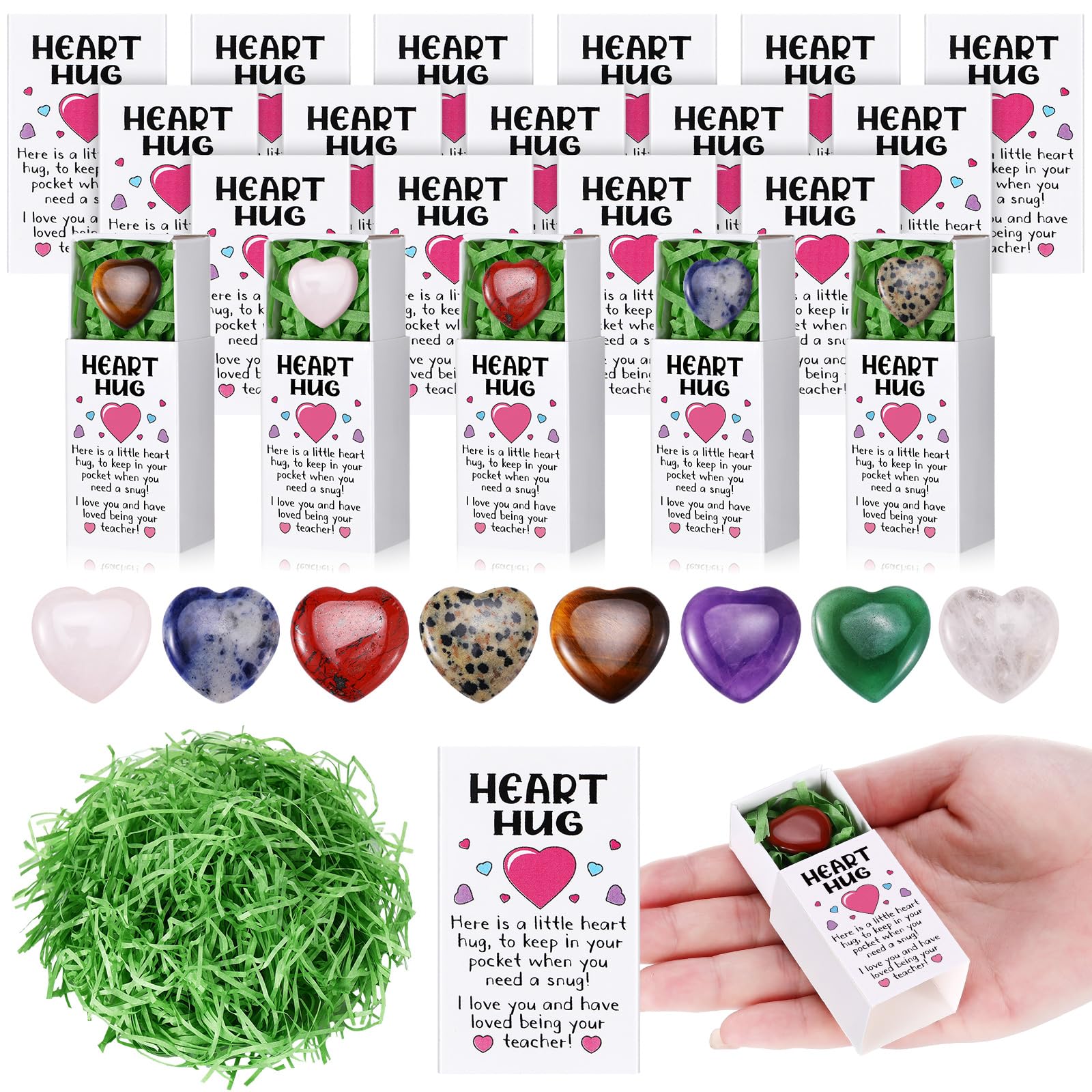 Motiskyy 50 Sets Pocket Hug Token Bulk End of Year Students Gifts from Teacher Heart Shape Natural Stones with Pocket Boxes and Raffia Grass Teacher