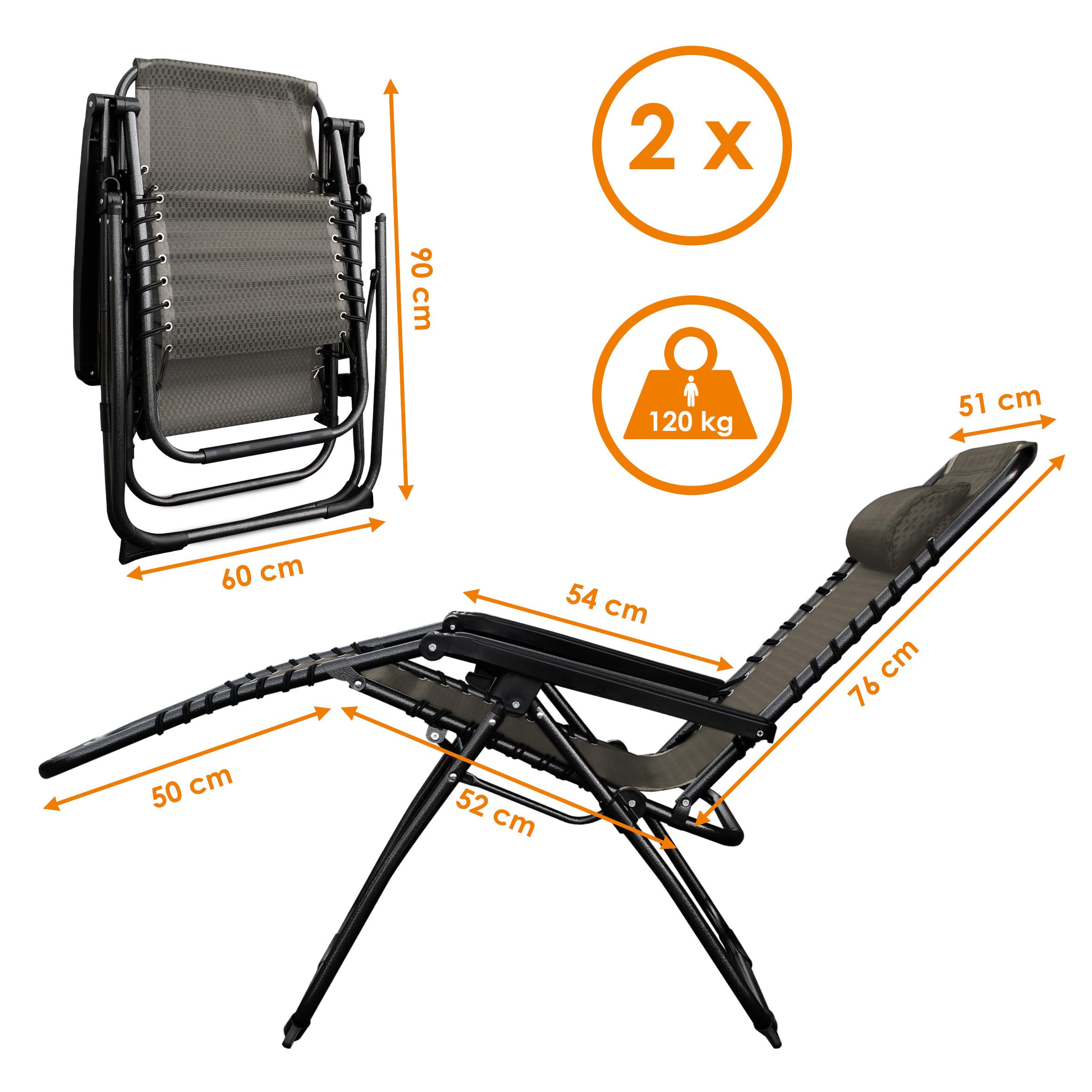 Spetebo Relaxsessel mit Kopfkissen aus Textil Gewebe 2er Set 178 x 51 cm - grau-braun - Gartenstuhl mit Verstellbarer Rückenlehne und Fußteil - Sonnenliege Hochlehner Gartenliege Liegestuhl klappbar