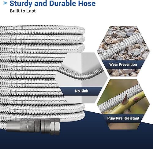 Miniatura 5 de Manguera de jardín de metal, manguera de agua de acero inoxidable resistente de 75 pies con boquilla de pulverización de 8 modos, accesorios de 34