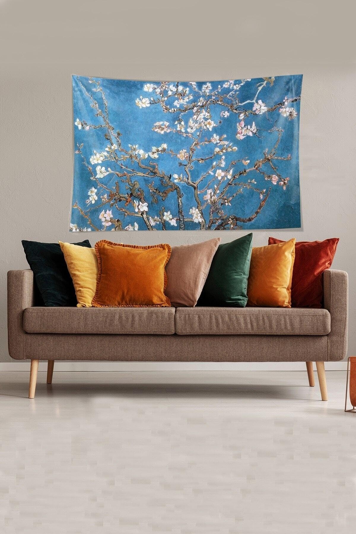 Pelangi Mavi Almond Blossom Leke Tutmaz Kadife Kumaş Duvar Örtüsü Duvar Halısı Tapestry YWLL376, 140 x 230