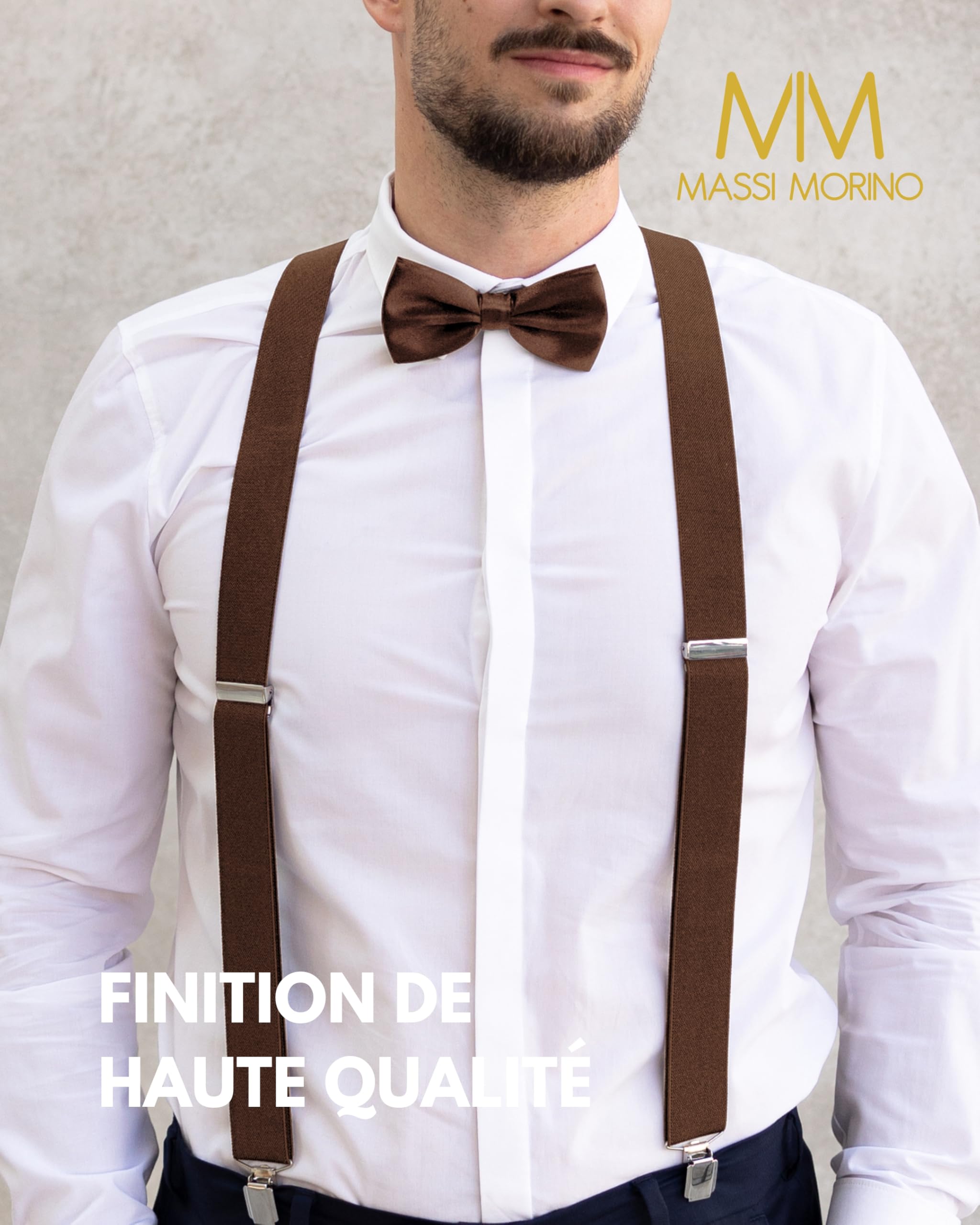 Massi Morino Bretelles avec noeud papillon Set pour hommes et femmes I Bretelles en Y élastiques avec clips extra forts - 3,5cm de large - longueur réglable I Cravate pré-attachée pour costume