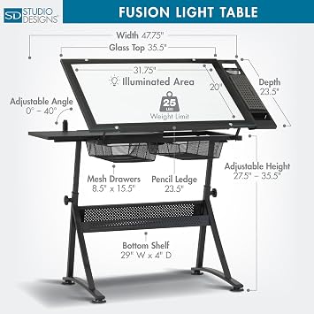 Studio Designs フュージョン製図テーブル LEDライトパッド一体型、高さ&角度調節可能な強化ガラスライトテーブル、アルトグラフライトパッド、収納引き出し&サイドシェルフ付き