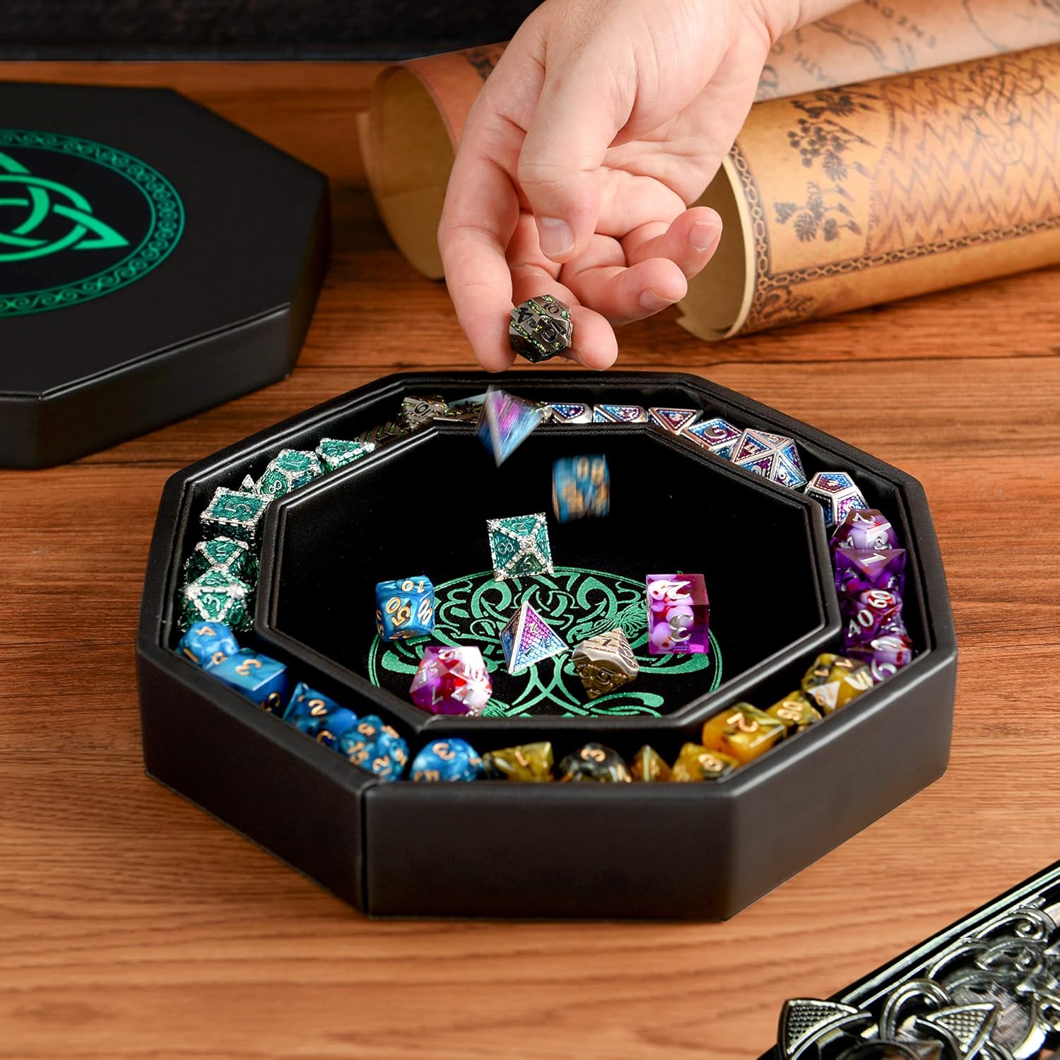 Green Celtic Knot Dice Tray + Blue Valknut Dragon Tray