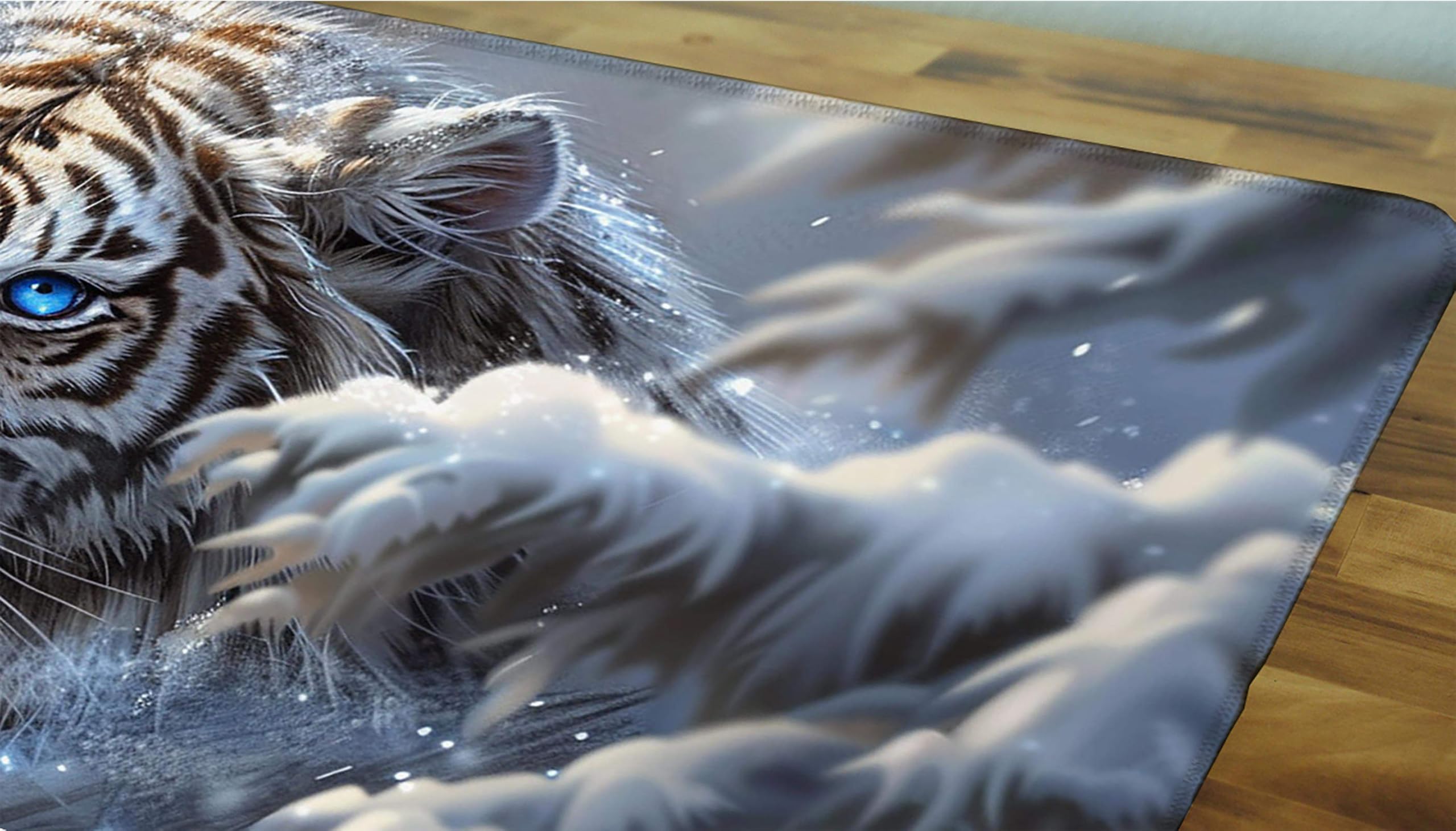 Biała podkładka pod mysz XXL, podkładka na biurko, 1200 x 600 cm, szyte krawędzie, gumowa podstawa, biała, tygrys, podkładka pod mysz, stabilna przyczepność na gładkich powierzchniach, poprawia