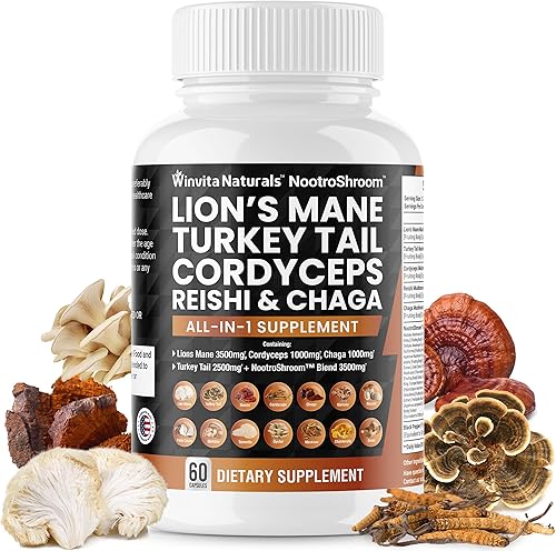 Lions Mane 3500mg Suplemento de hongo con cola de pavo 2500mg Reishi 1000mg Cordyceps Chaga Maitake Meshima Poria Cocos Shiitake Oyster Porcini