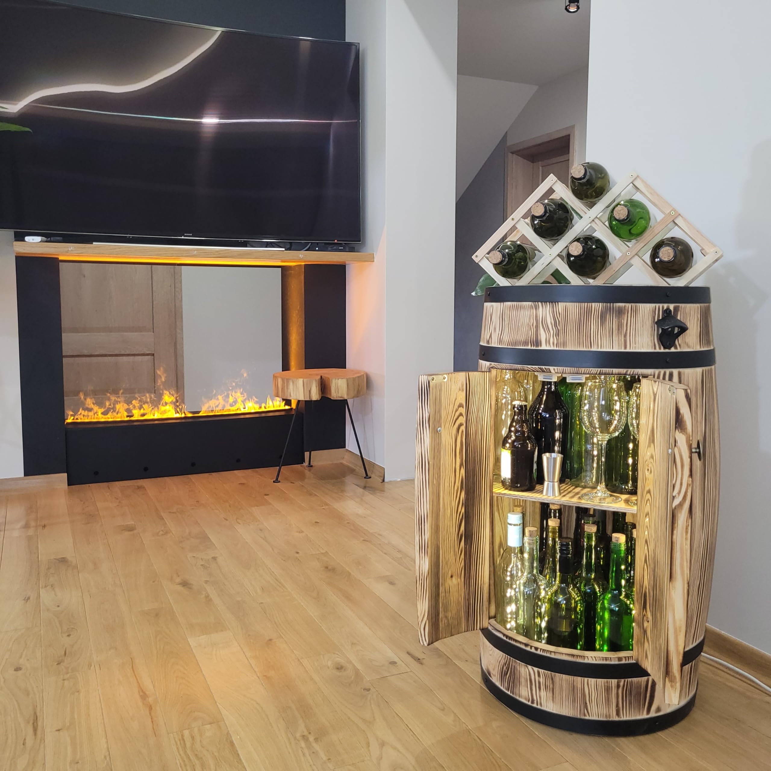 weeco Barril de madera con puertas, bar con iluminación LED, funciona con pilas, soporte para botellas de vino plegable, armario rústico para botellas de alcohol, 80 x 50 x 44 cm