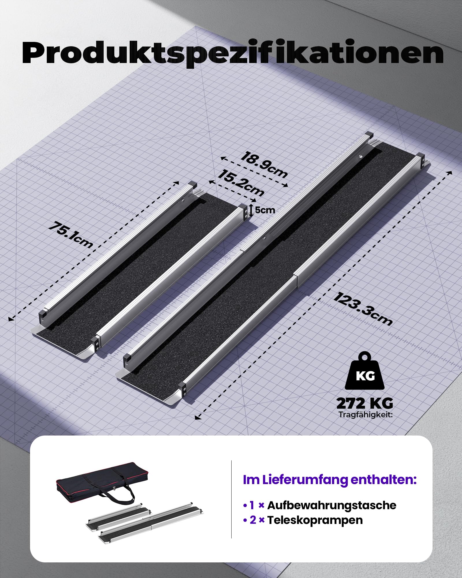 Teleskop Rollstuhlrampen rutschfest 123 cm Hochbelastbare Aluminium-Rampe für Mobilitätsroller (272KG Tragfähigkeit) mit Tragetasche, faltbares Design für Haustreppen/Rollstühle/Roller, 2er-Set