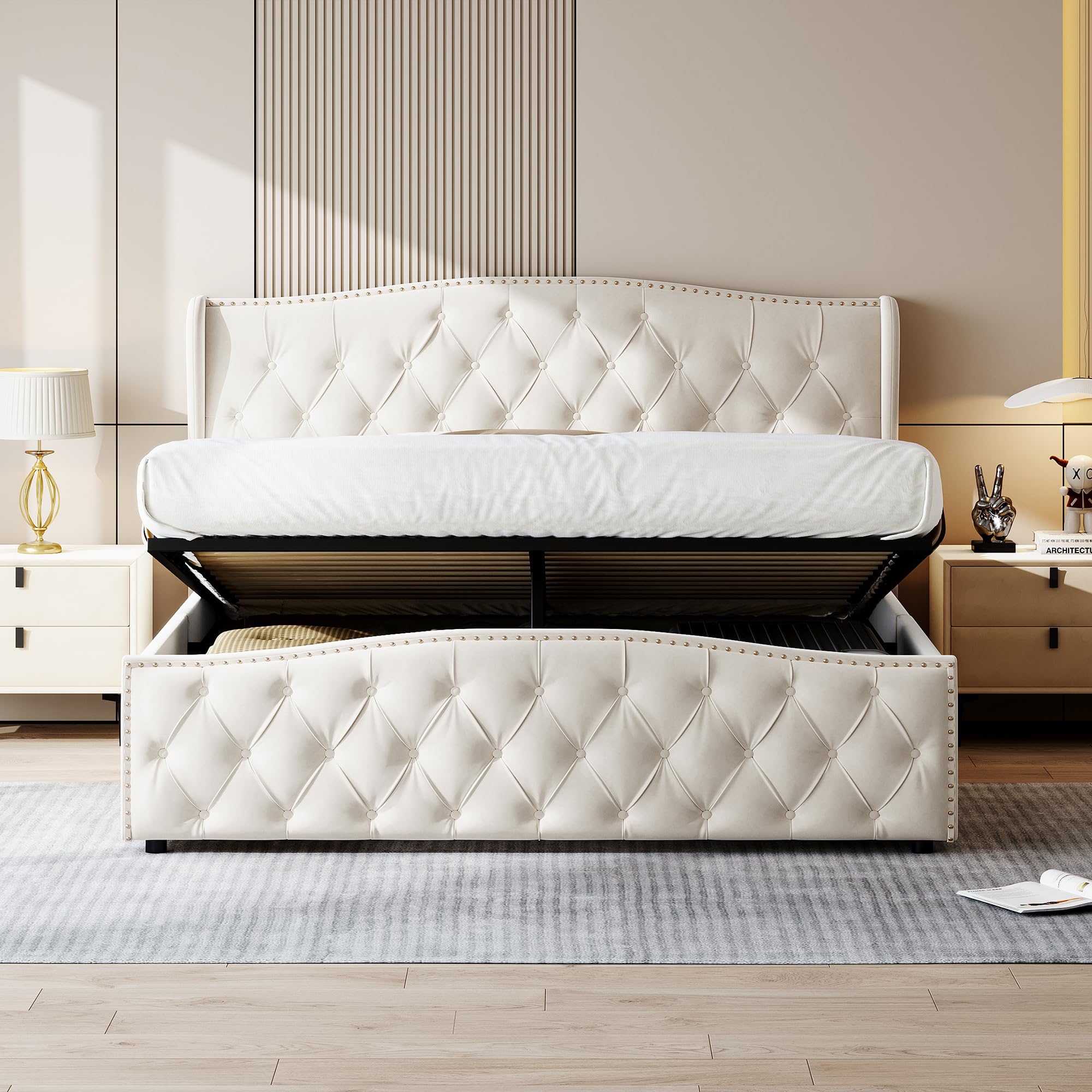 Lit Coffre 160x200 cm avec Sommier, Lit Double Rembourré en Velours avec Grand Rangement, Tête de Lit Élégante, Cadre de Lit Stable pour Adultes et Adolescents (Beige)