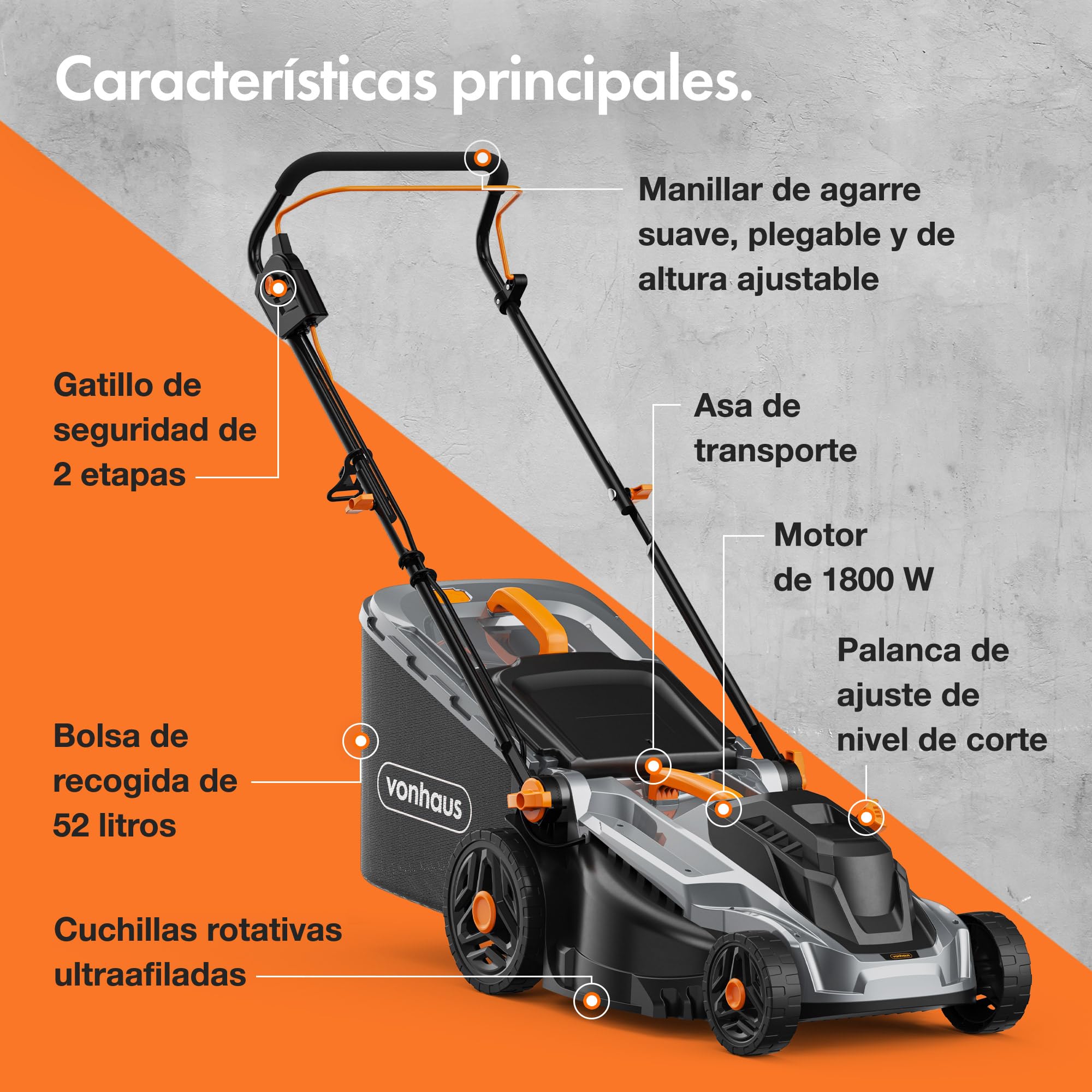 VonHaus Cortacésped Eléctrico - Cortadora de Césped Eléctrica, 380-430 mm de Ancho de Trabajo - Bolsa de 42-52 L, Manillar Plegable y Ajustable, 5 Niveles de Corte, Asa de Transporte (1800 W)