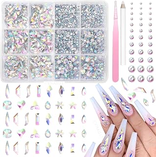 Nail Art Rhinestones Kit Multi Shapes AB-color Resin Rhinestones Flatback Bedazzling Crystals Shiny Heart Star Moon Water Drop Square Nail Art Gems Stones for Nails Art DIY Crafts Shoes Clothes