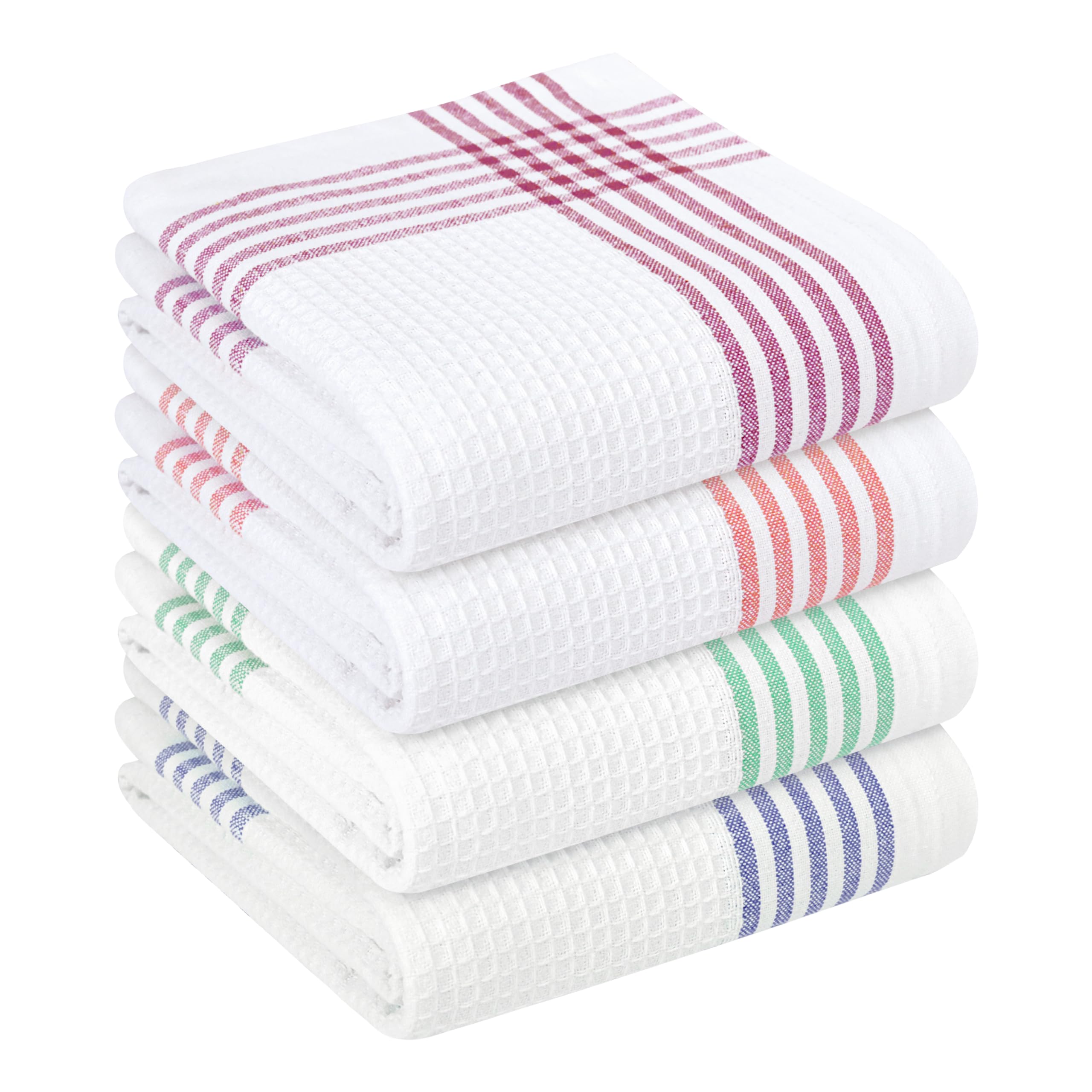 Waffle White &amp; Multi Colors Kitchen Towels Set of 4, 100% Cotton, 16x26 inches, Quick Dry Dishcloths, Ideal Dish Towel for Drying, Wiping - Indigo Blue, Red, Dark Green, Burgundy