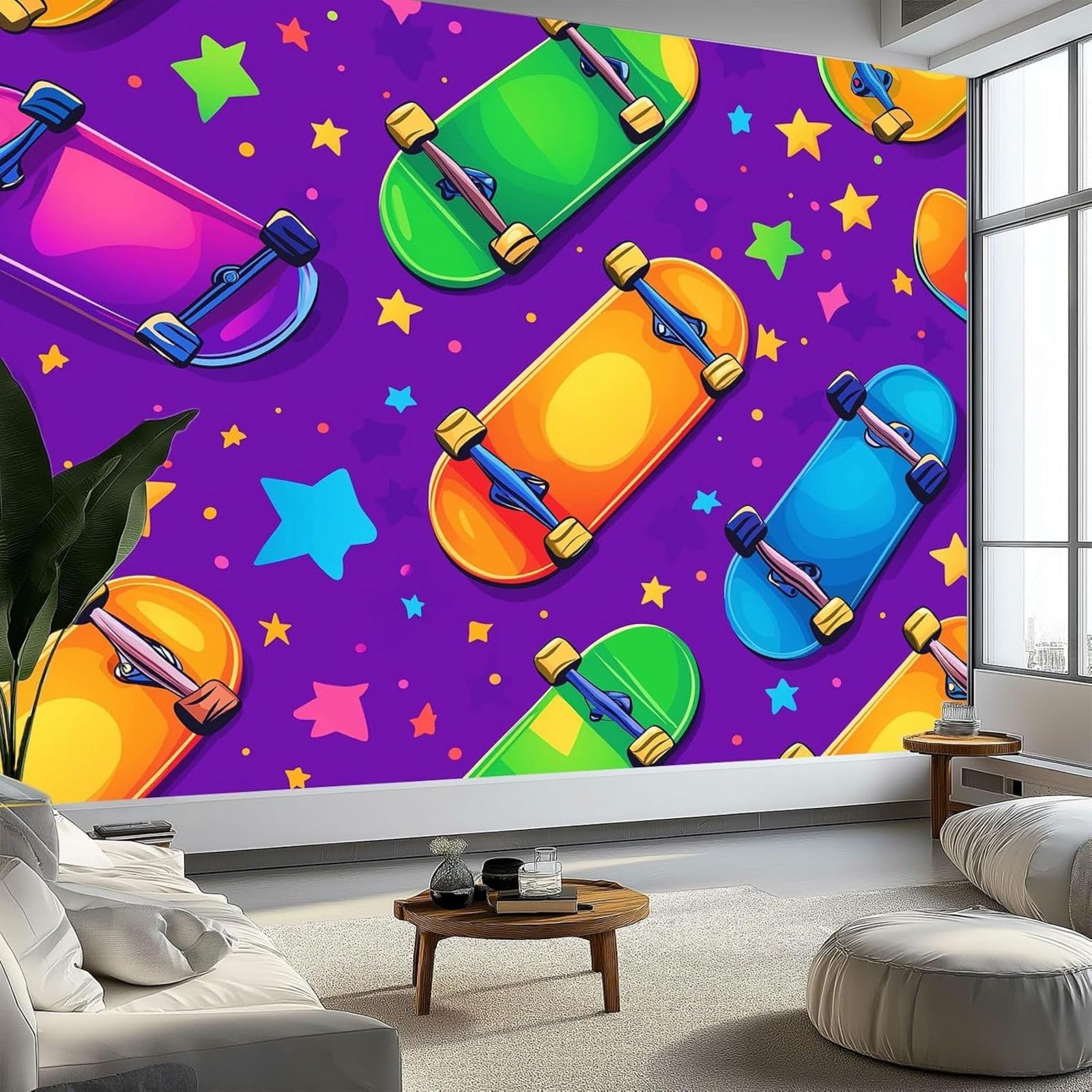 Kfjhgbdshhj 3D Mural Wallpaper Colourful Skateboard Pattern Photo Wallpaper Wall Decoration Wallpaper Study Room Living Room Restaurant Cafe Decoration Purple,200Cmx140cm