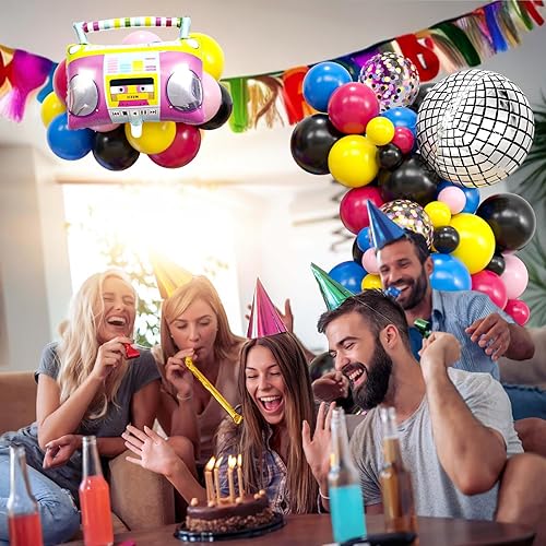 Miniatura 4 de Decoraciones de fiesta temática de los años 80 y 90, kit de guirnalda de arco de globos de los años 80 y 90 con bola de discoteca inflable, radio,