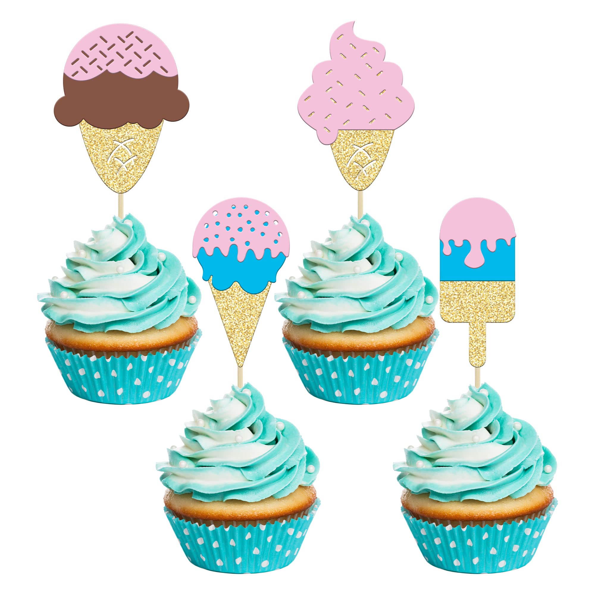 24Pcs Ice Cream Cupcake Toppers Glitter Summer Cupcake Picks for Hawaii Dessert Summer Ice Cream Themed Birthday Wedding Party Popsicle Baby Shower