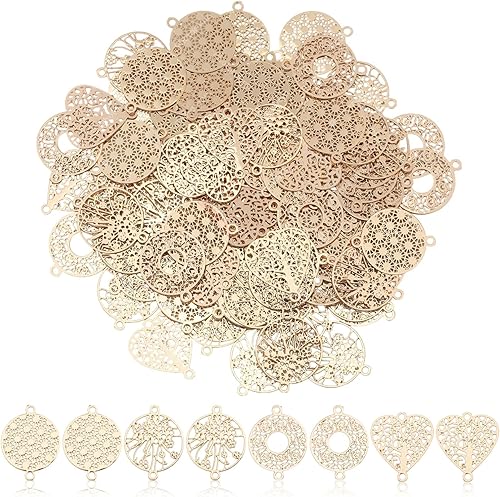 Miniatura 7 de CHGCRAFT 96 dijes redondos planos de filigrana de latón de 4 estilos, enlaces dorados, colgantes de flores huecas doradas, colgantes de filigrana